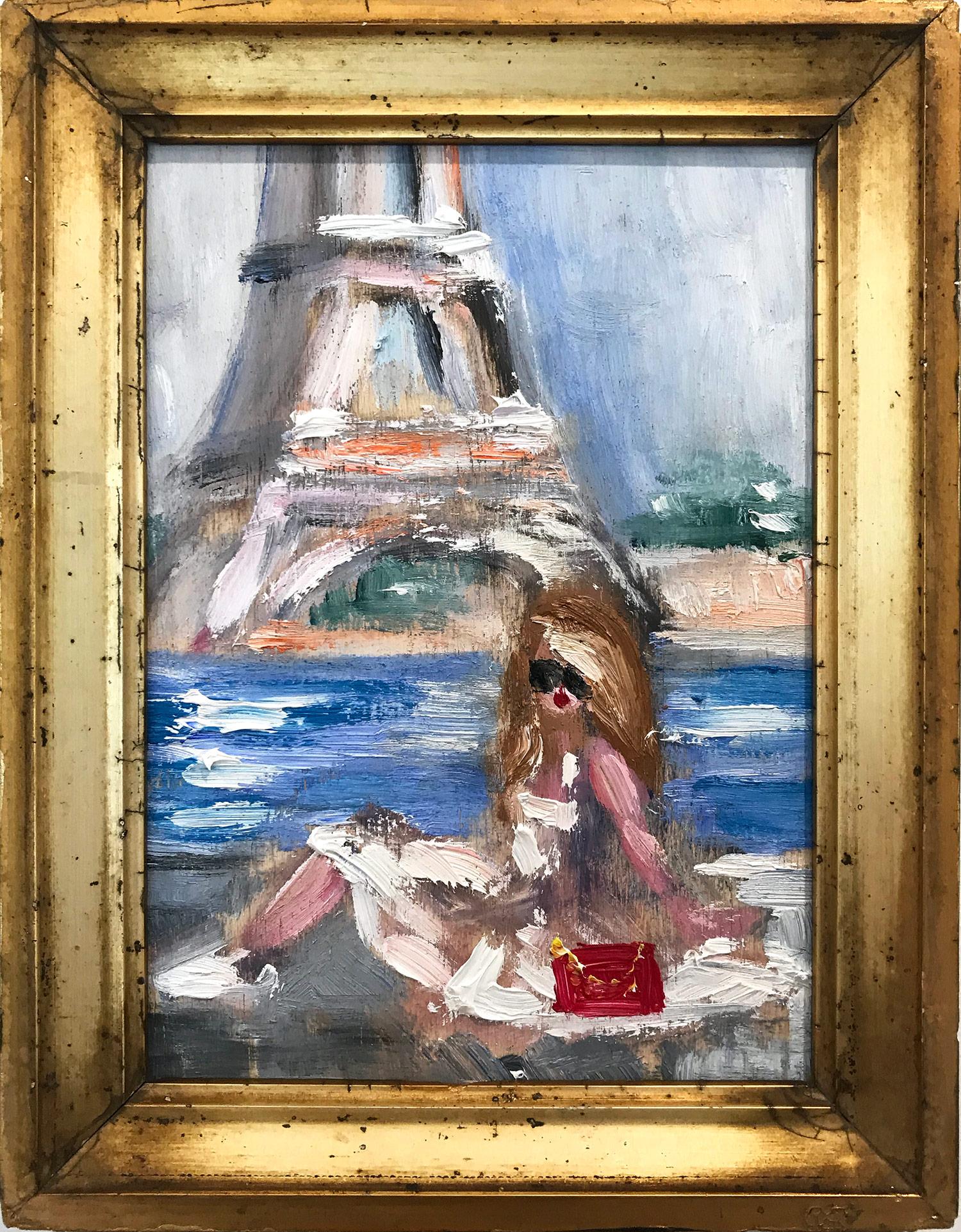 Cindy Shaoul Landscape Painting - "Sunbathing by the Eiffel Tower" Impressionistic Oil Painting of a Young Girl 