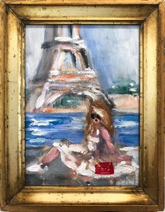 "Sunbathing by the Eiffel Tower" Impressionistic Oil Painting of a Young Girl 