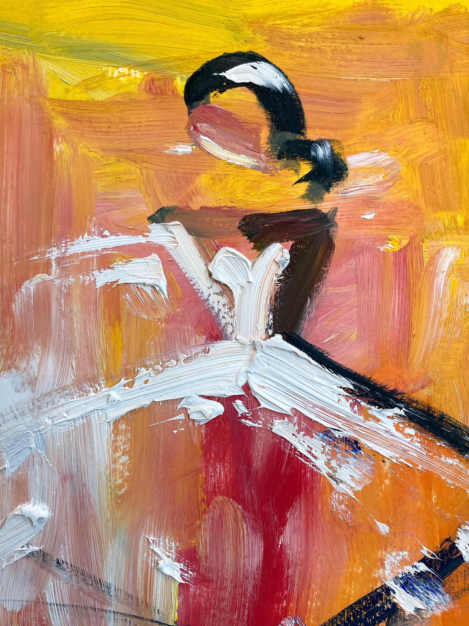 « Sunburst », peinture à l'huile sur papier - Figure abstraite avec robe de haute couture française - Painting de Cindy Shaoul