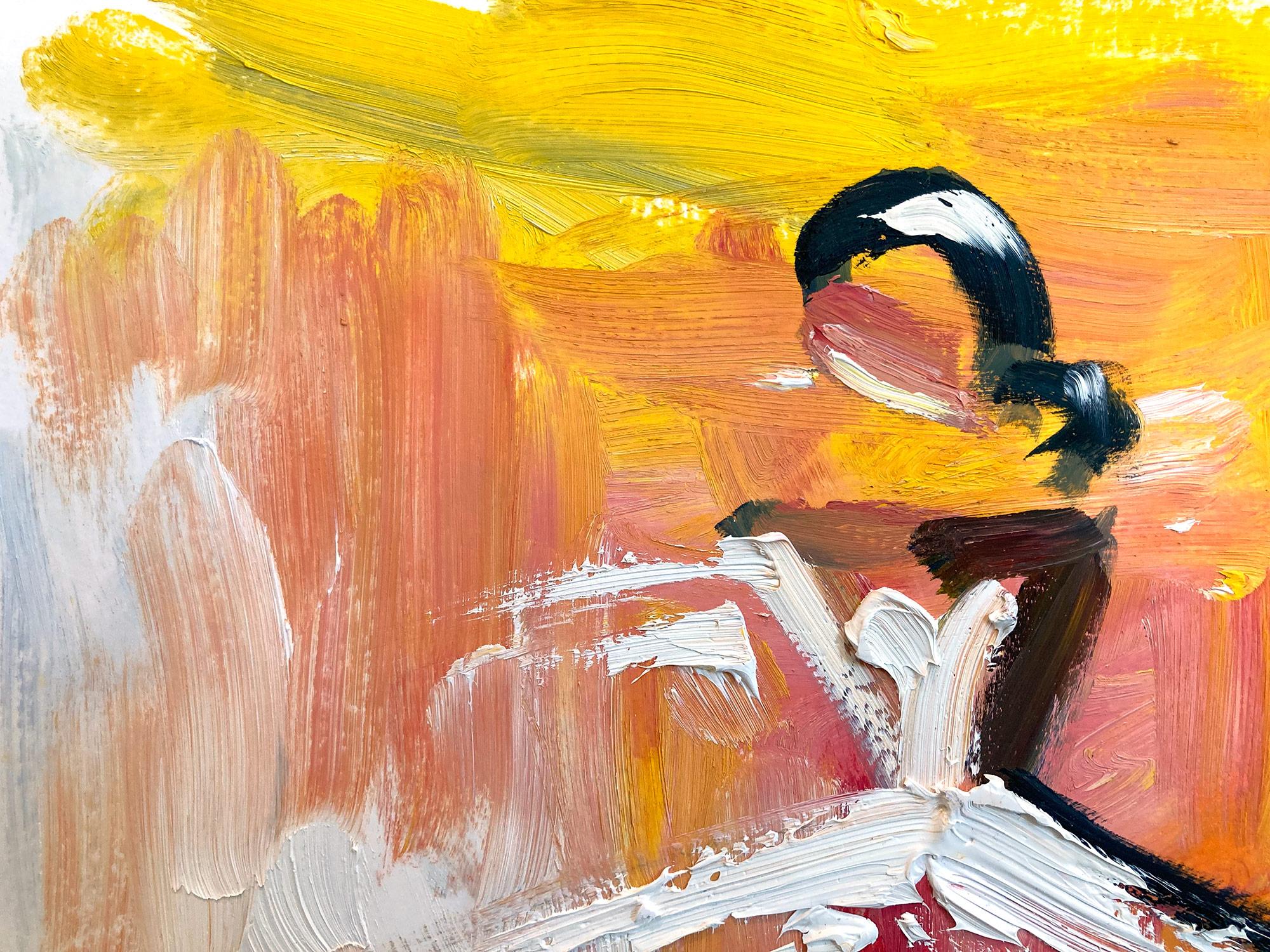 « Sunburst », peinture à l'huile sur papier - Figure abstraite avec robe de haute couture française - Abstrait Painting par Cindy Shaoul