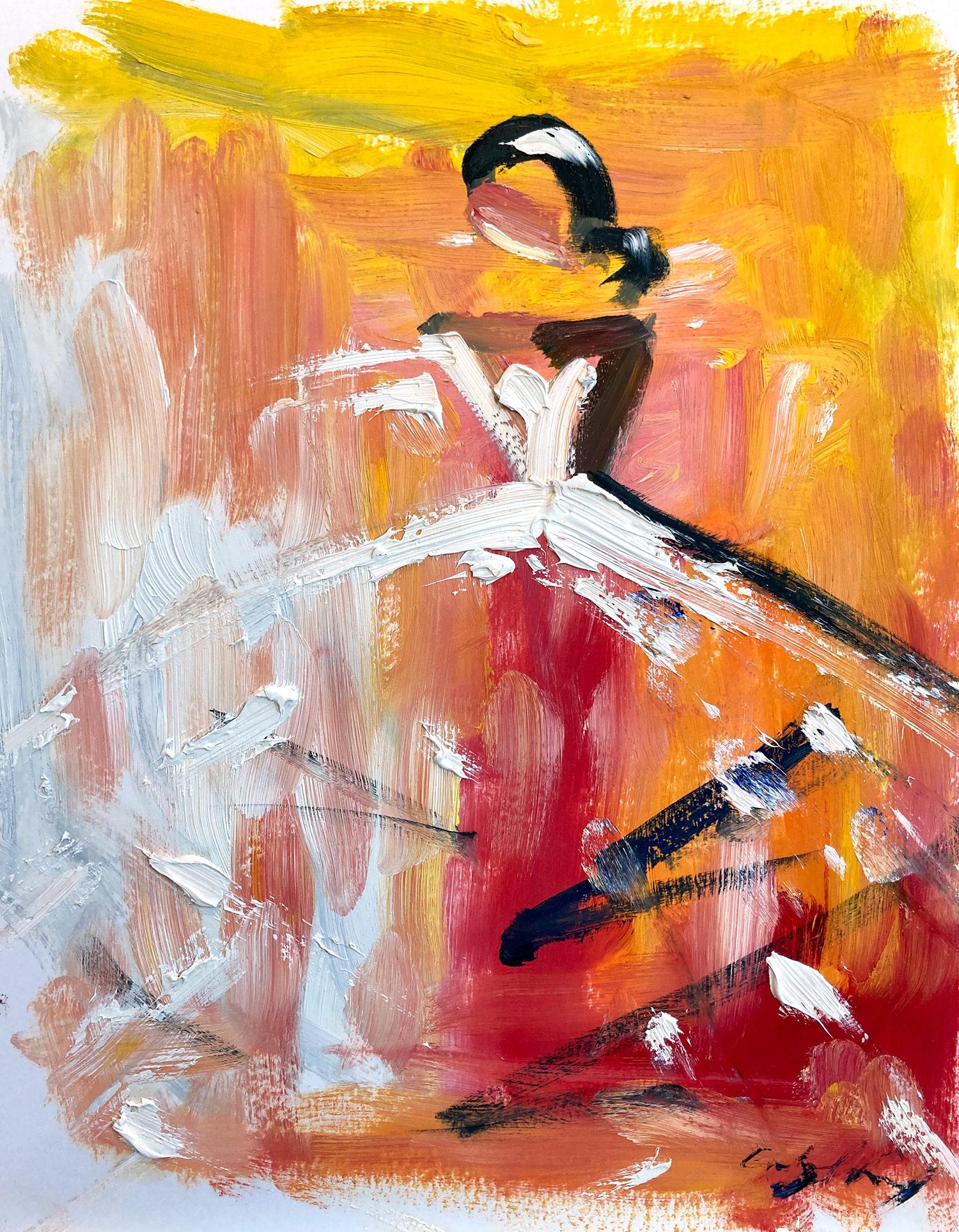 Abstract Painting Cindy Shaoul - « Sunburst », peinture à l'huile sur papier - Figure abstraite avec robe de haute couture française