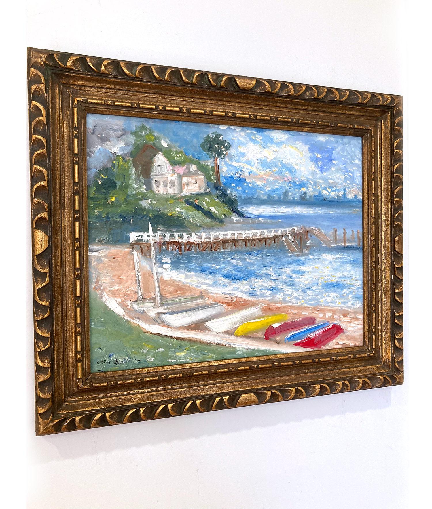 « Sunday Afternoon at the Docks » Peinture à l'huile impressionniste d'une scène d'eau en plein air en vente 6