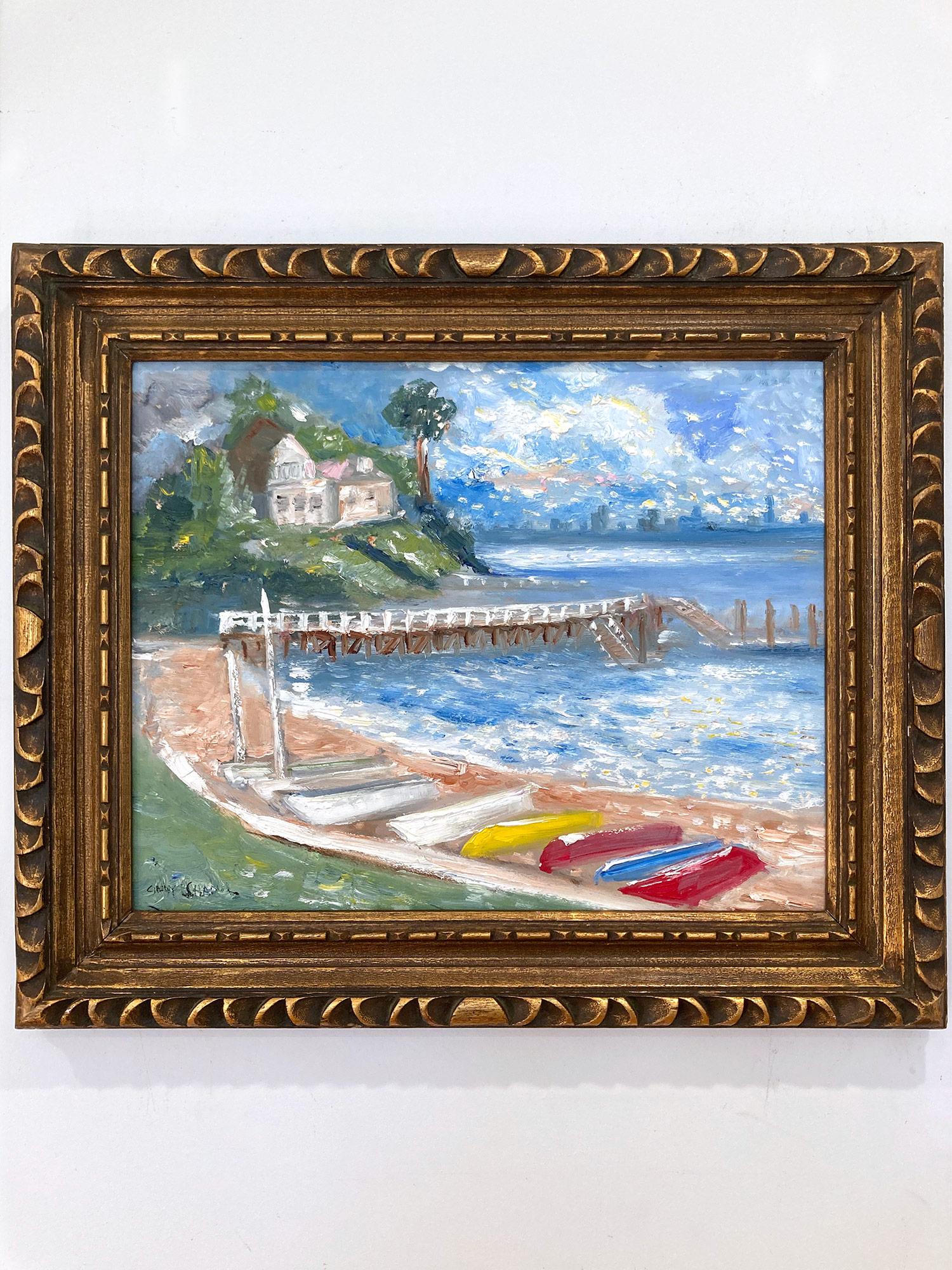 „Sunday Afternoon at the Docks“ Pleinair-Wasserszene, impressionistische Ölgemälde im Angebot 7