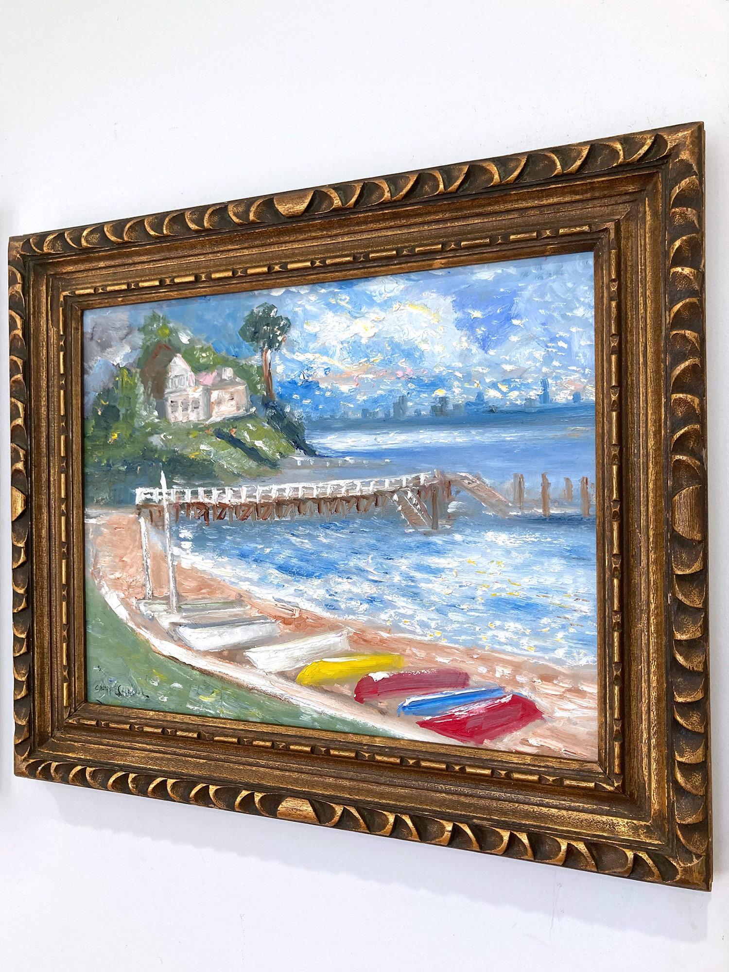 « Sunday Afternoon at the Docks » Peinture à l'huile impressionniste d'une scène d'eau en plein air en vente 8