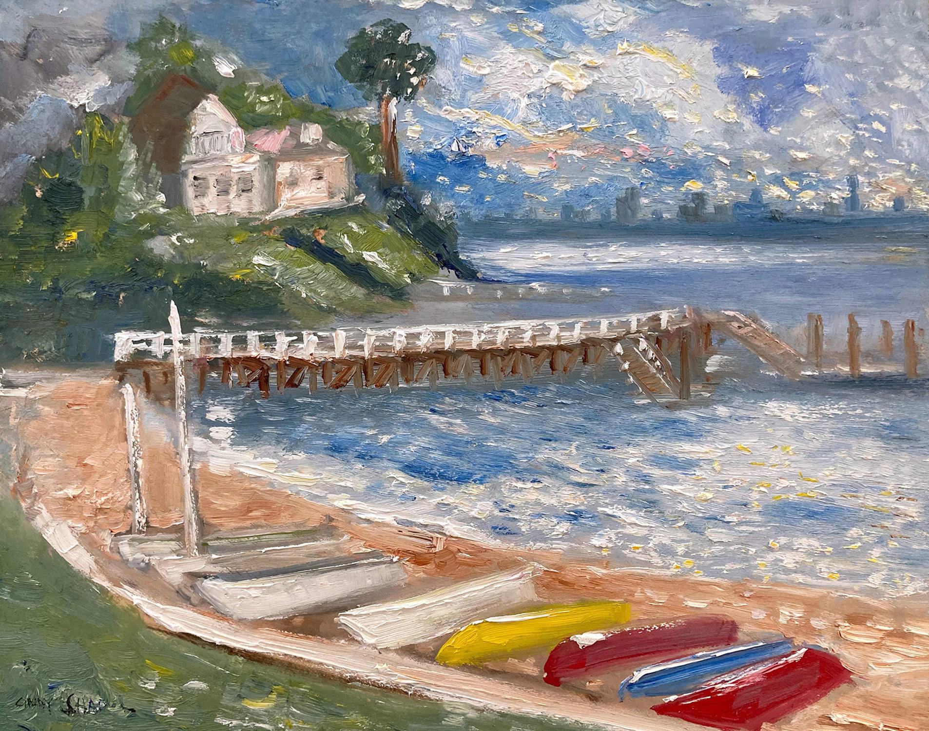 « Sunday Afternoon at the Docks » Peinture à l'huile impressionniste d'une scène d'eau en plein air - Painting de Cindy Shaoul