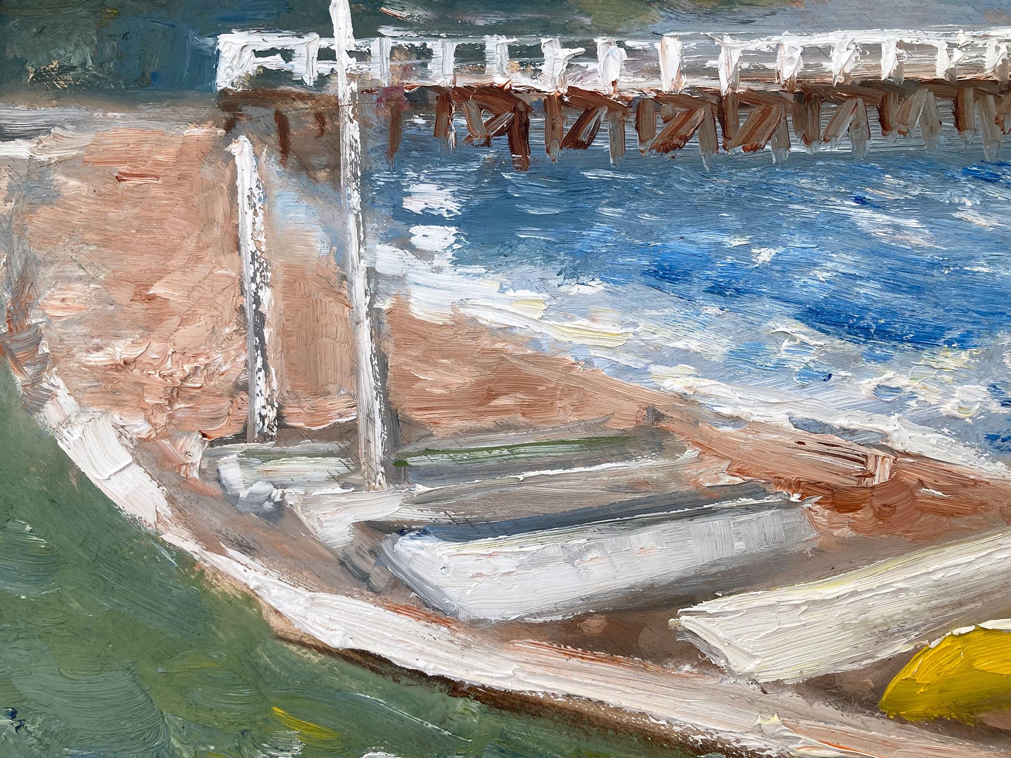 « Sunday Afternoon at the Docks » Peinture à l'huile impressionniste d'une scène d'eau en plein air - Impressionnisme américain Painting par Cindy Shaoul