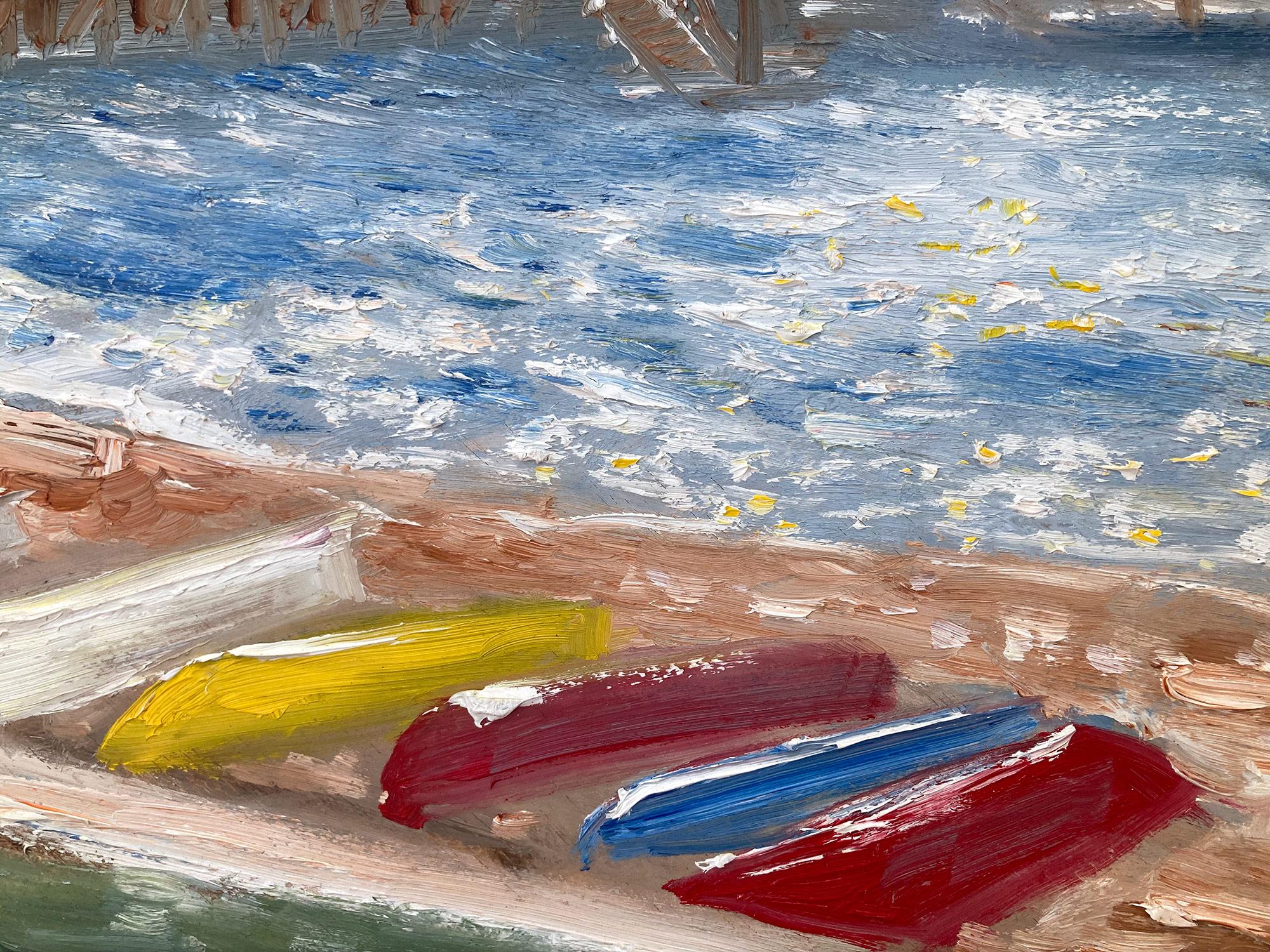« Sunday Afternoon at the Docks » Peinture à l'huile impressionniste d'une scène d'eau en plein air en vente 1