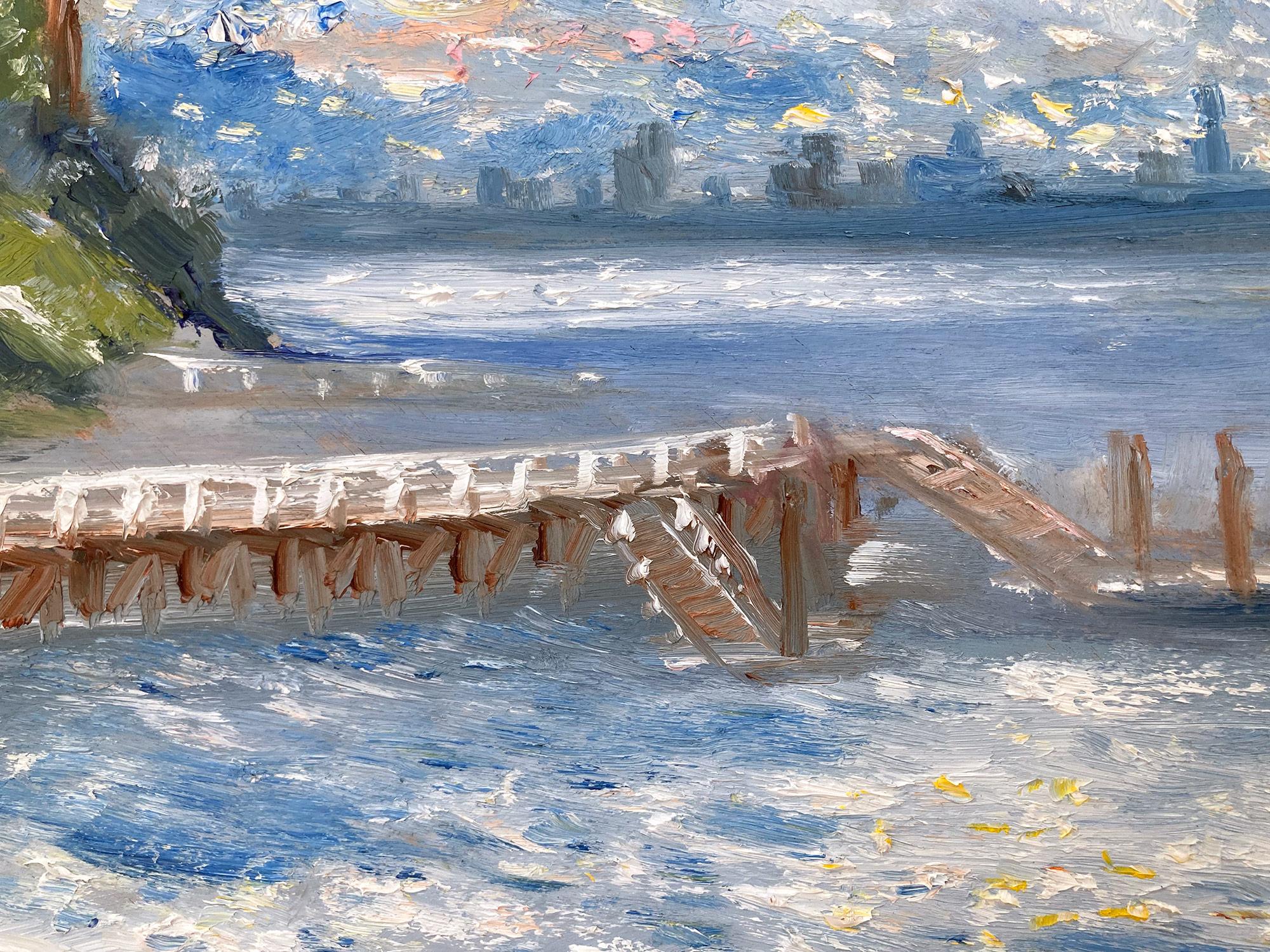 « Sunday Afternoon at the Docks » Peinture à l'huile impressionniste d'une scène d'eau en plein air en vente 2