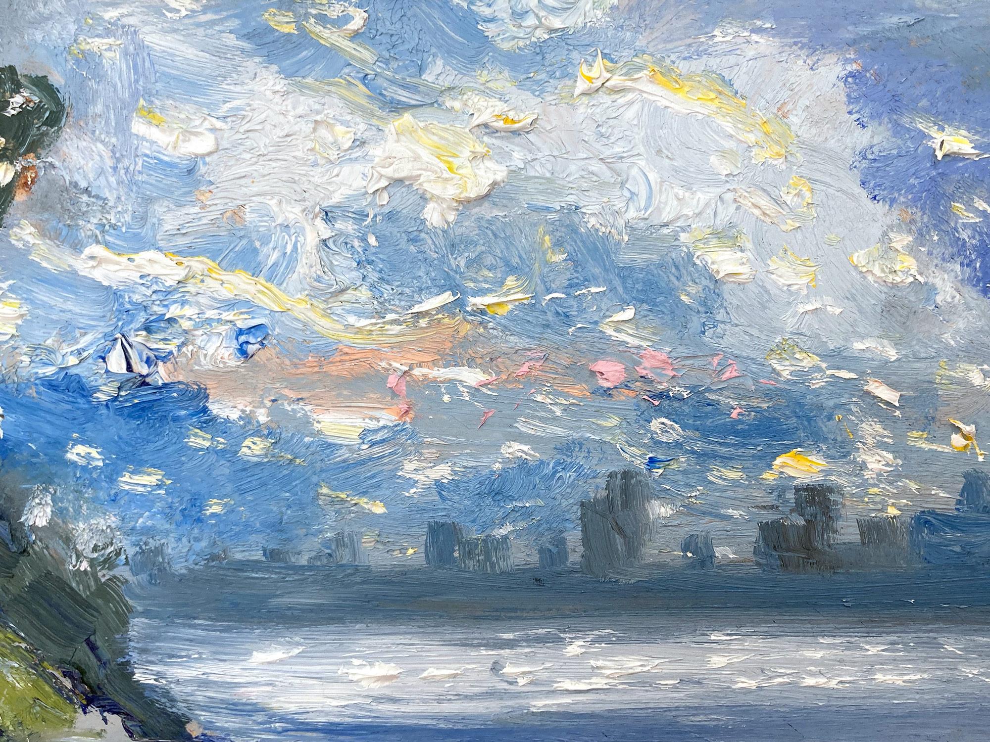 « Sunday Afternoon at the Docks » Peinture à l'huile impressionniste d'une scène d'eau en plein air en vente 5