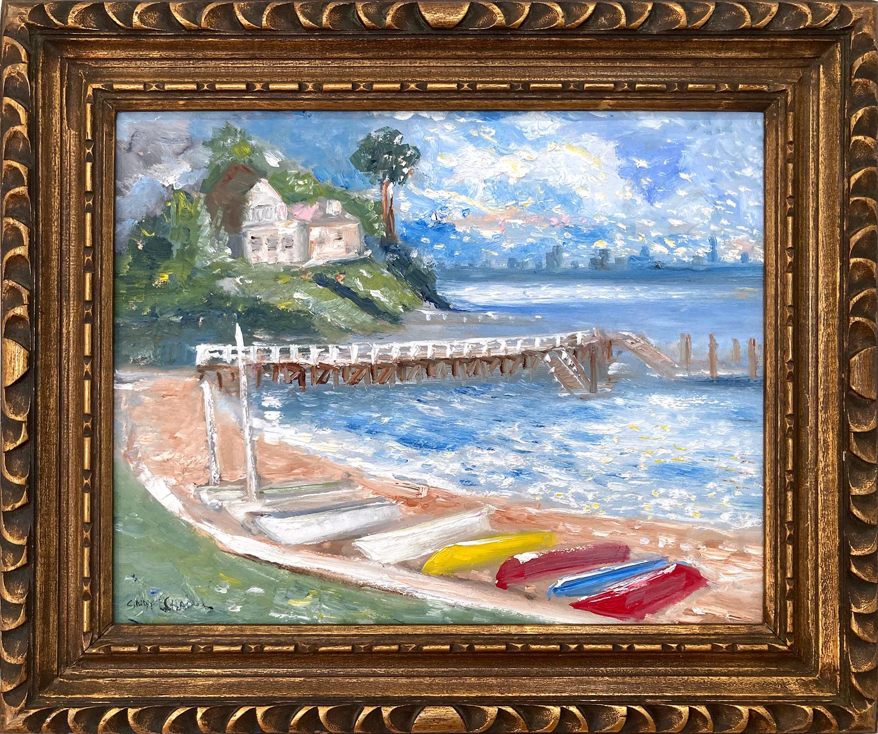 Figurative Painting Cindy Shaoul - « Sunday Afternoon at the Docks » Peinture à l'huile impressionniste d'une scène d'eau en plein air