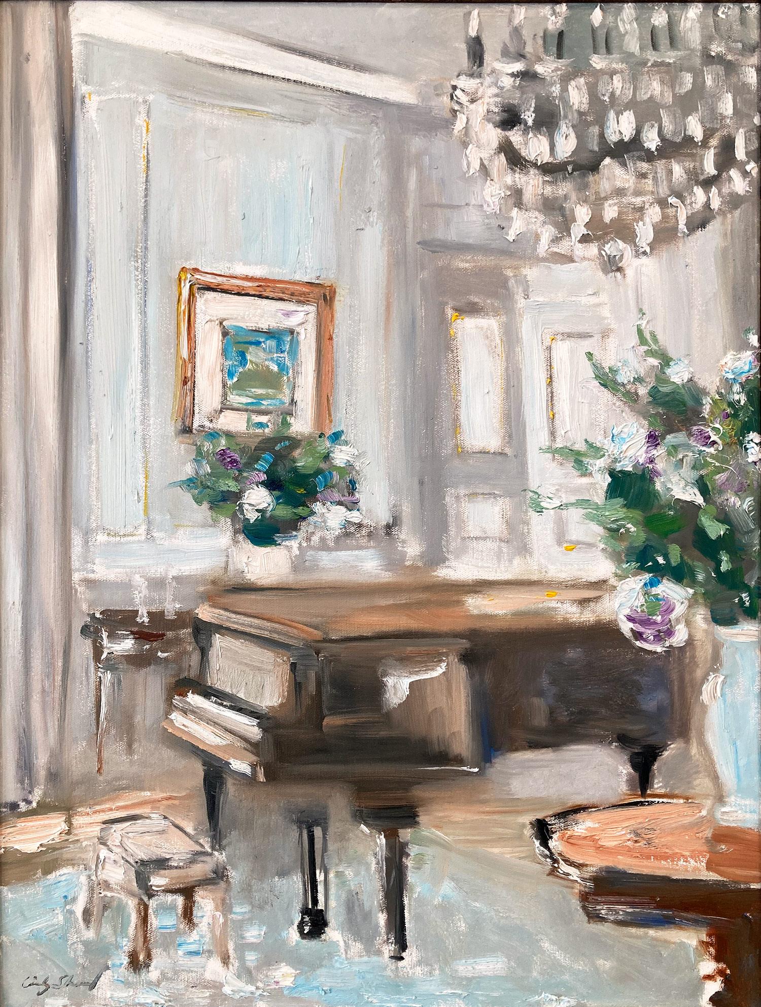Interior Painting di Cindy Shaoul - "Domenica al castello di Chambord" Scena d'interni impressionista con pianoforte
