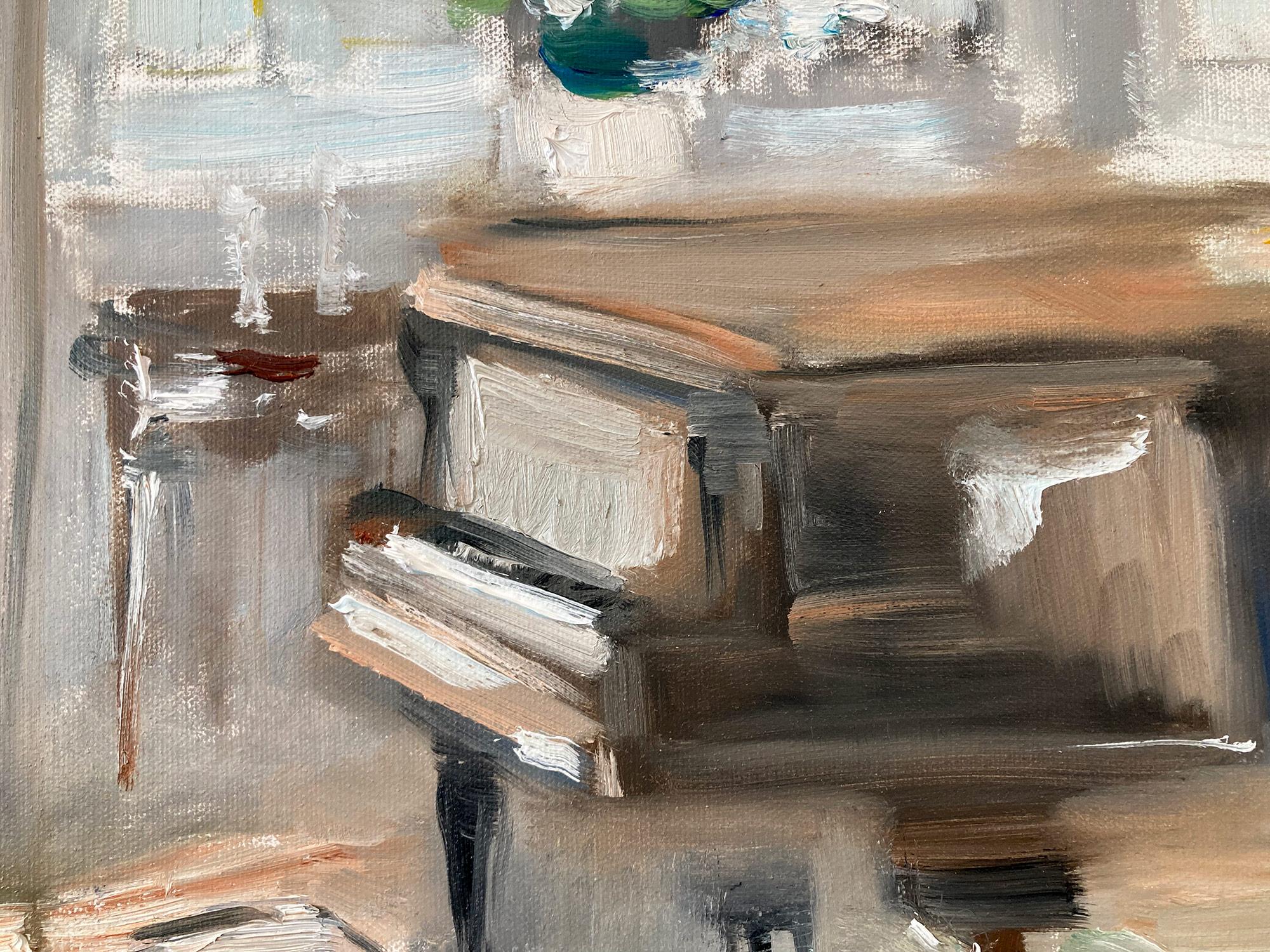 A charming depiction of an interior scene with piano. A cozy impressionistic scene with warmth and feeling. Whimsical details through out and beautiful brushwork. This piece captures the essence of a Parisian room with classic antiques, a planting