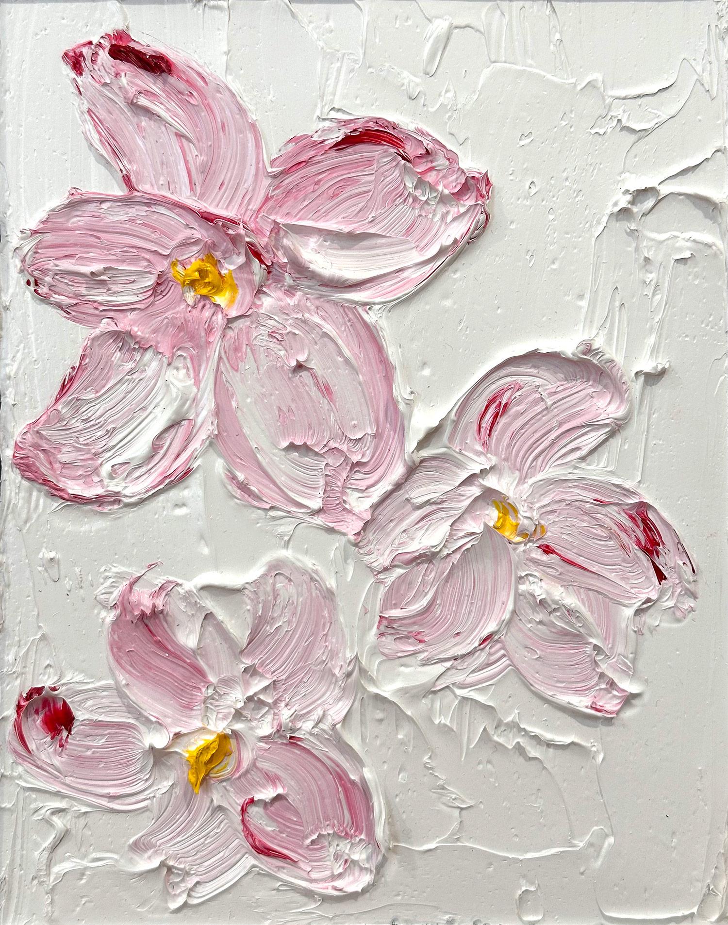 This piece depicts three lush Magnolias with thick textured oil paint in calming tones of pink, white, and pops of yellow. Focusing on the petals almost creating an almost 3D effect, the impasto paint is able to capture light and shadow wonderfully
