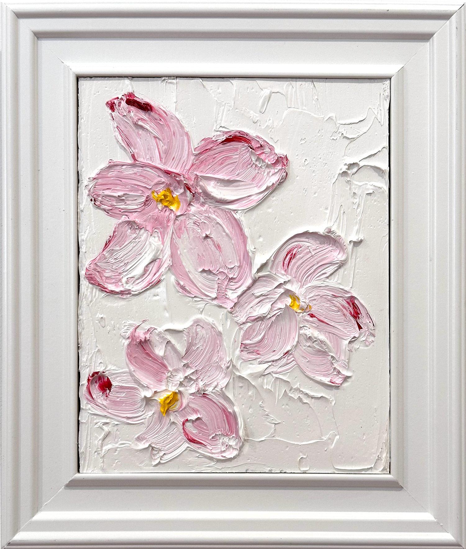 Cindy Shaoul Still-Life Painting - "Sunday Morning Magnolias" Impasto Flowers Oil Painting on Wood and White Frame