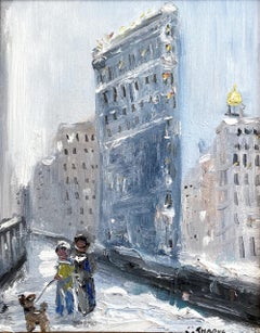 "Sunday Stroll by Flatiron - NYC" Impressionist Snow Scene Oil Painting Framed