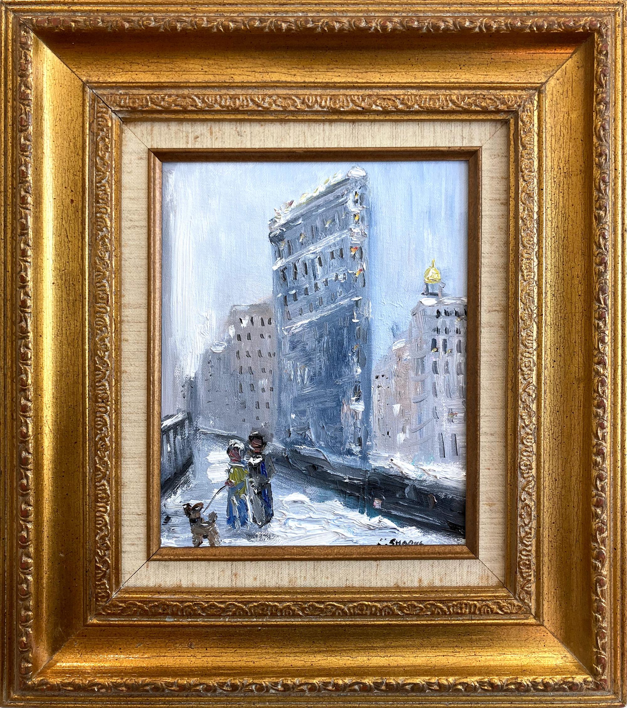 Cindy Shaoul Landscape Painting - "Sunday Stroll by Flatiron - NYC" Impressionist Snow Scene Oil Painting Framed