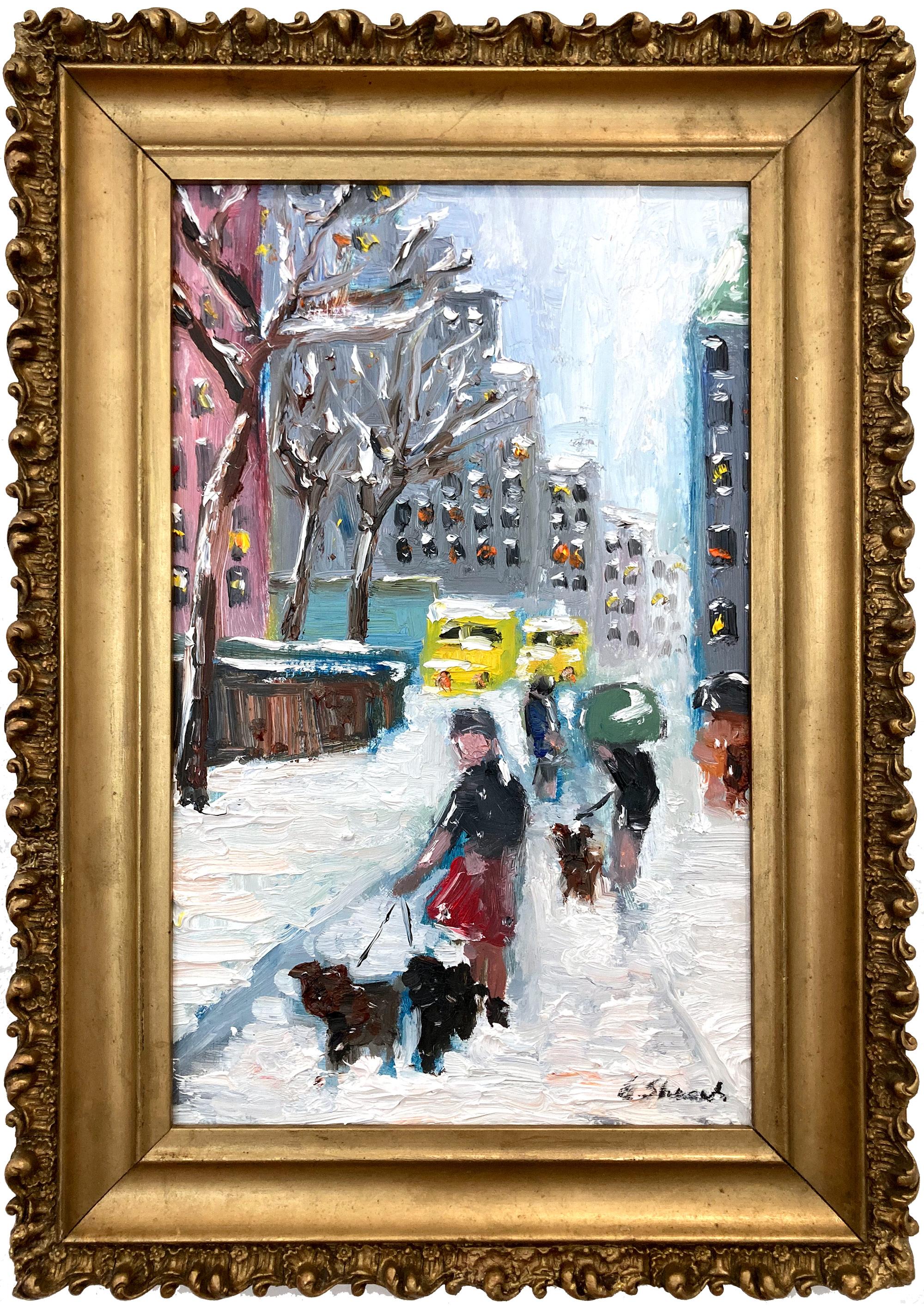 "Sunday Stroll in The Snow" Impressionist Oil Painting in Style of Guy Wiggins