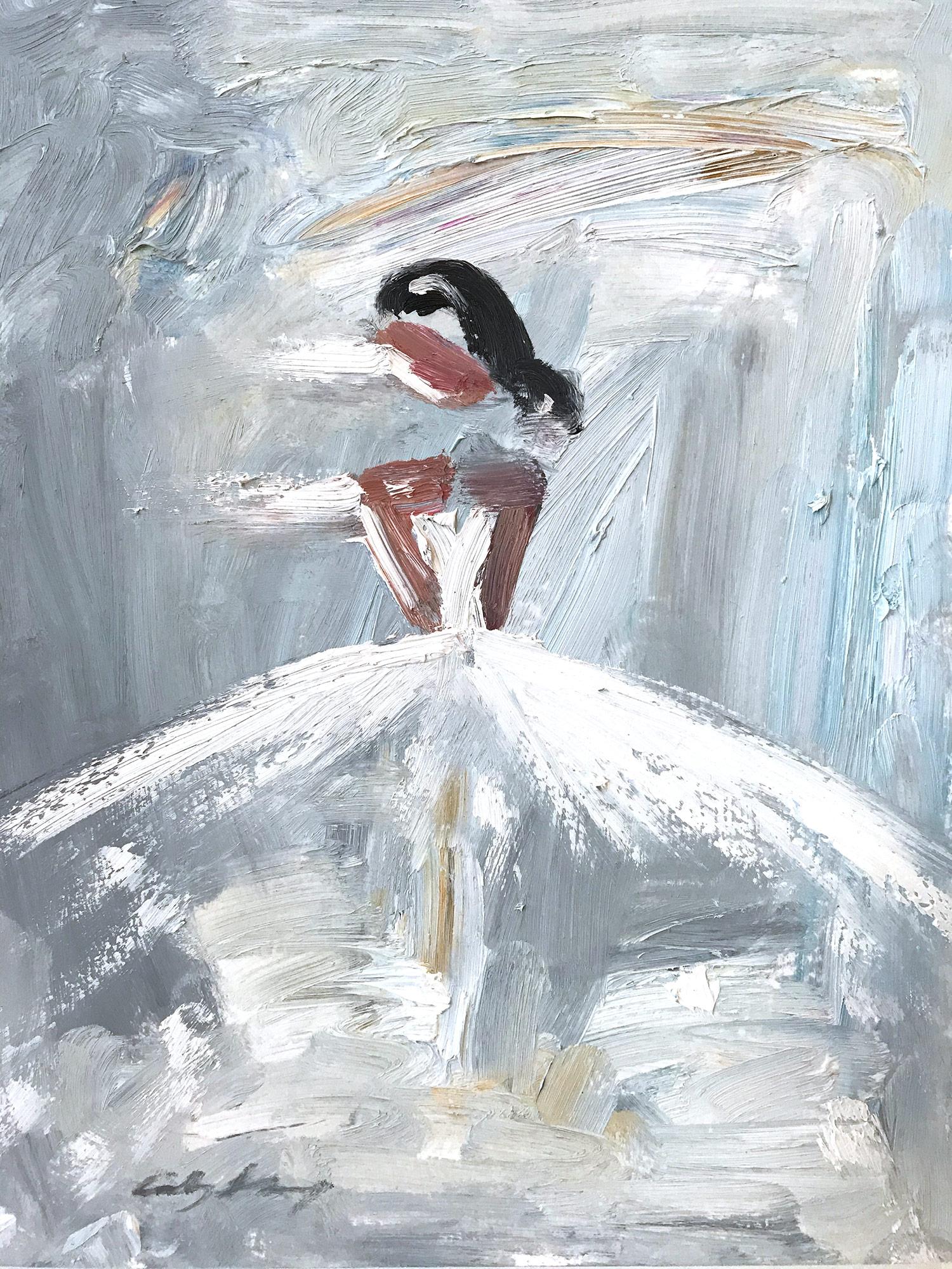 Cindy Shaoul Abstract Painting - "Swann Princess" Figure in Chanel Gown Haute Couture Oil Painting on Paper