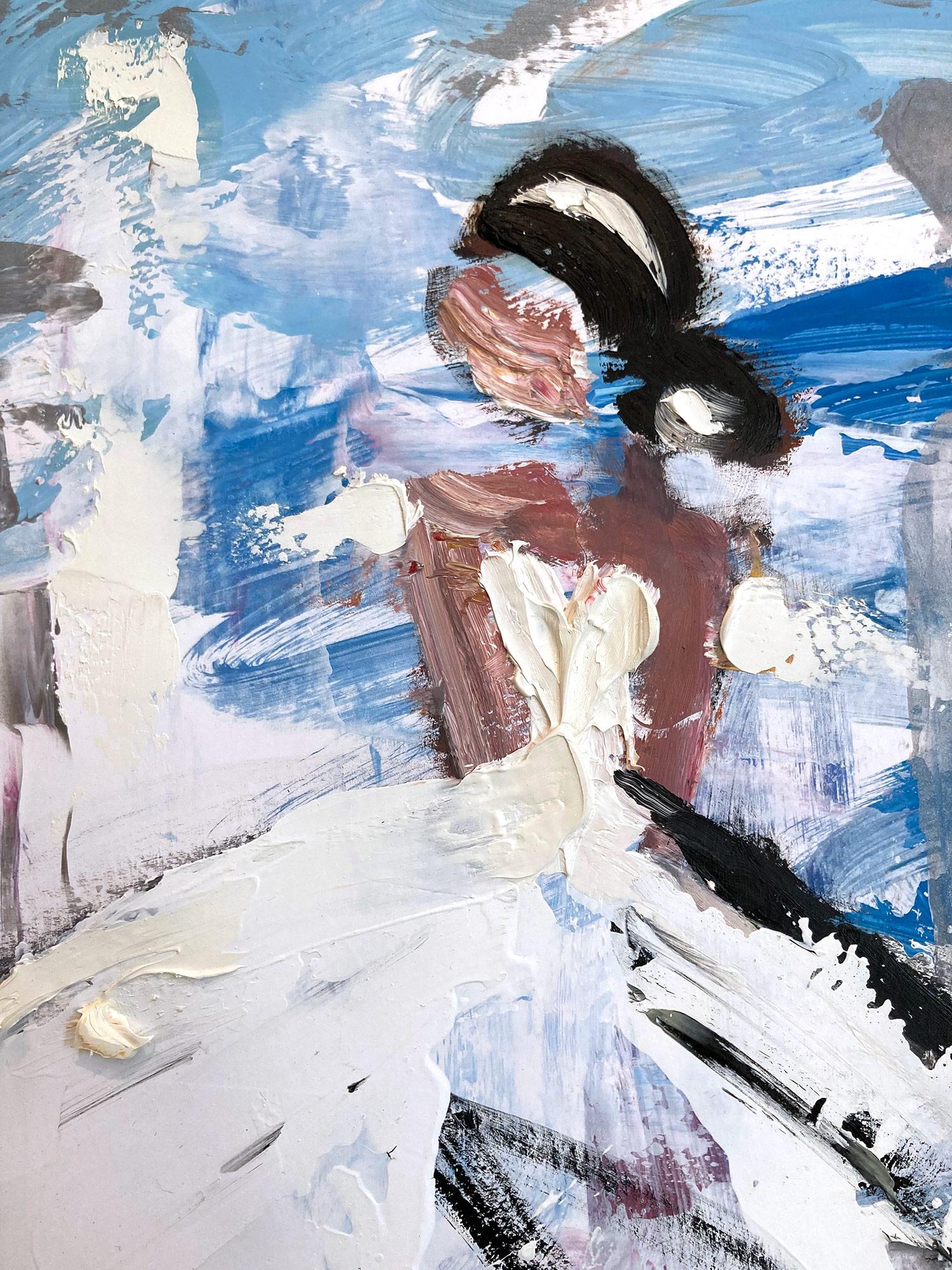 „Symphony in Paris“ Figur in Chanel-Kleid Haute Couture, Ölgemälde auf Papier, Haute Couture – Painting von Cindy Shaoul
