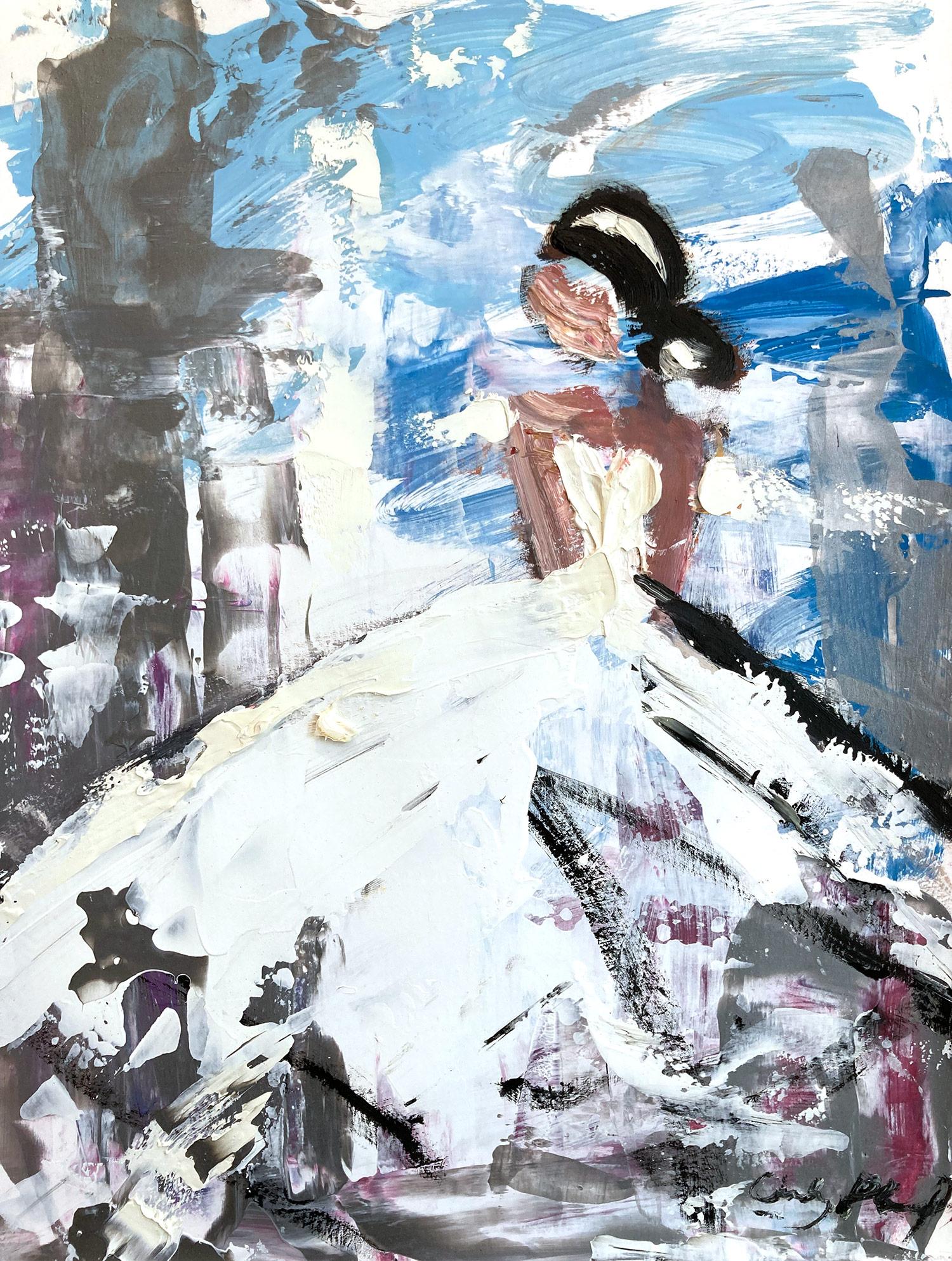 Cindy Shaoul Abstract Painting – „Symphony in Paris“ Figur in Chanel-Kleid Haute Couture, Ölgemälde auf Papier, Haute Couture
