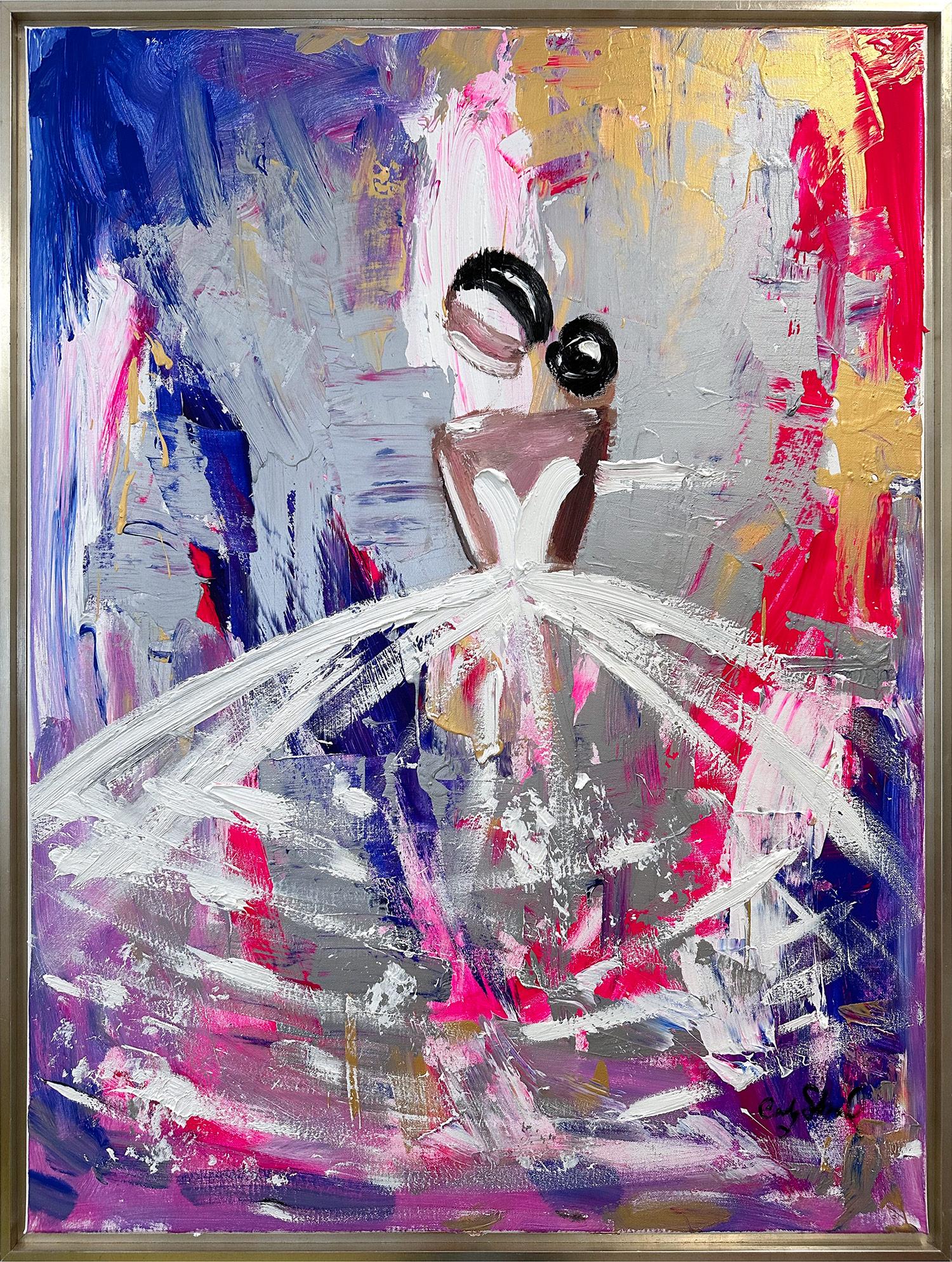 Cindy Shaoul Figurative Painting – Abstrakte Figur „Take Me to Paris“ Chanel Kleid Haute Couture Ölgemälde Leinwand