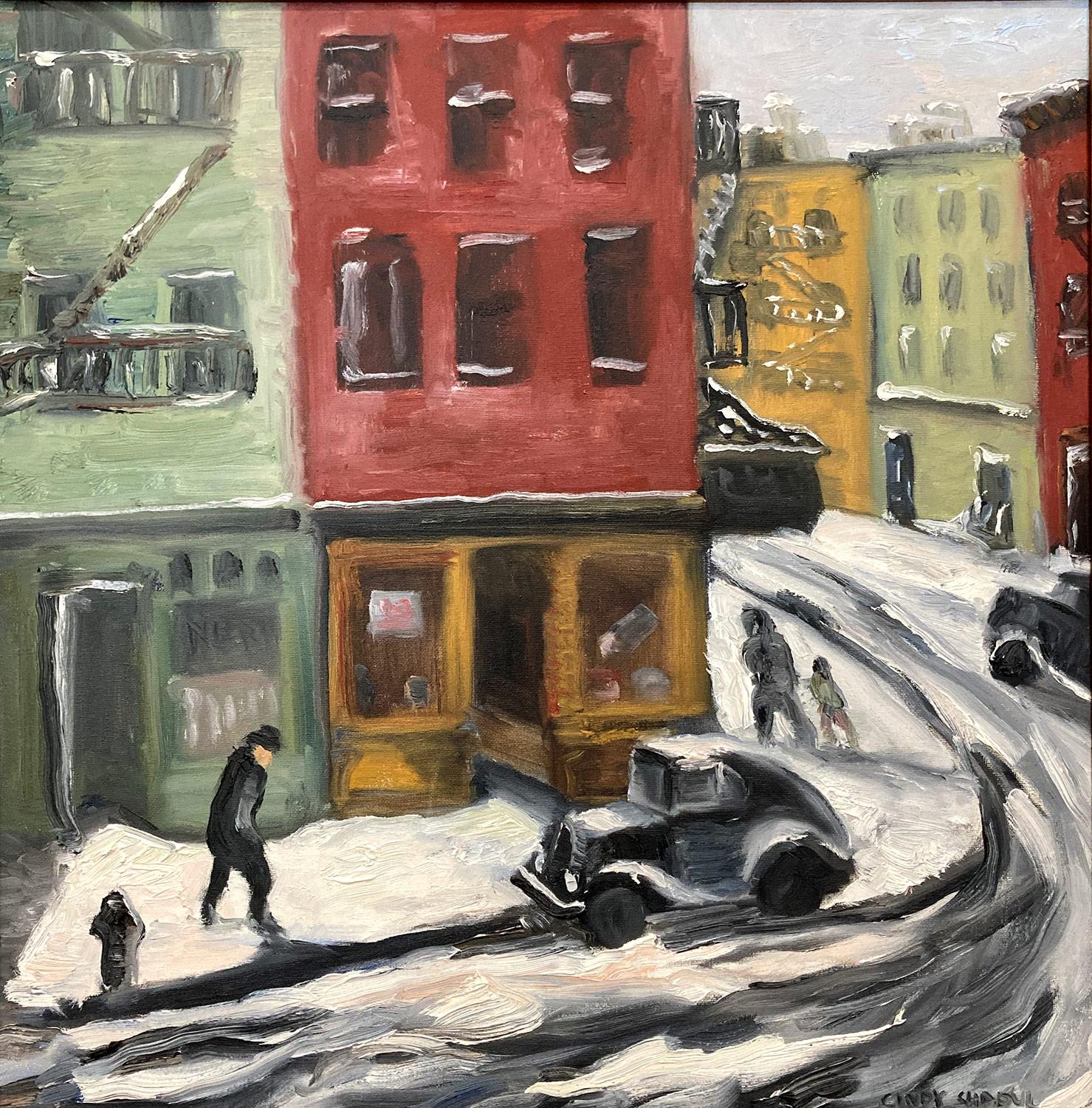 „Tavern Snow, West Village“, impressionistisches Ölgemälde in New York City, 1920er Jahre – Painting von Cindy Shaoul