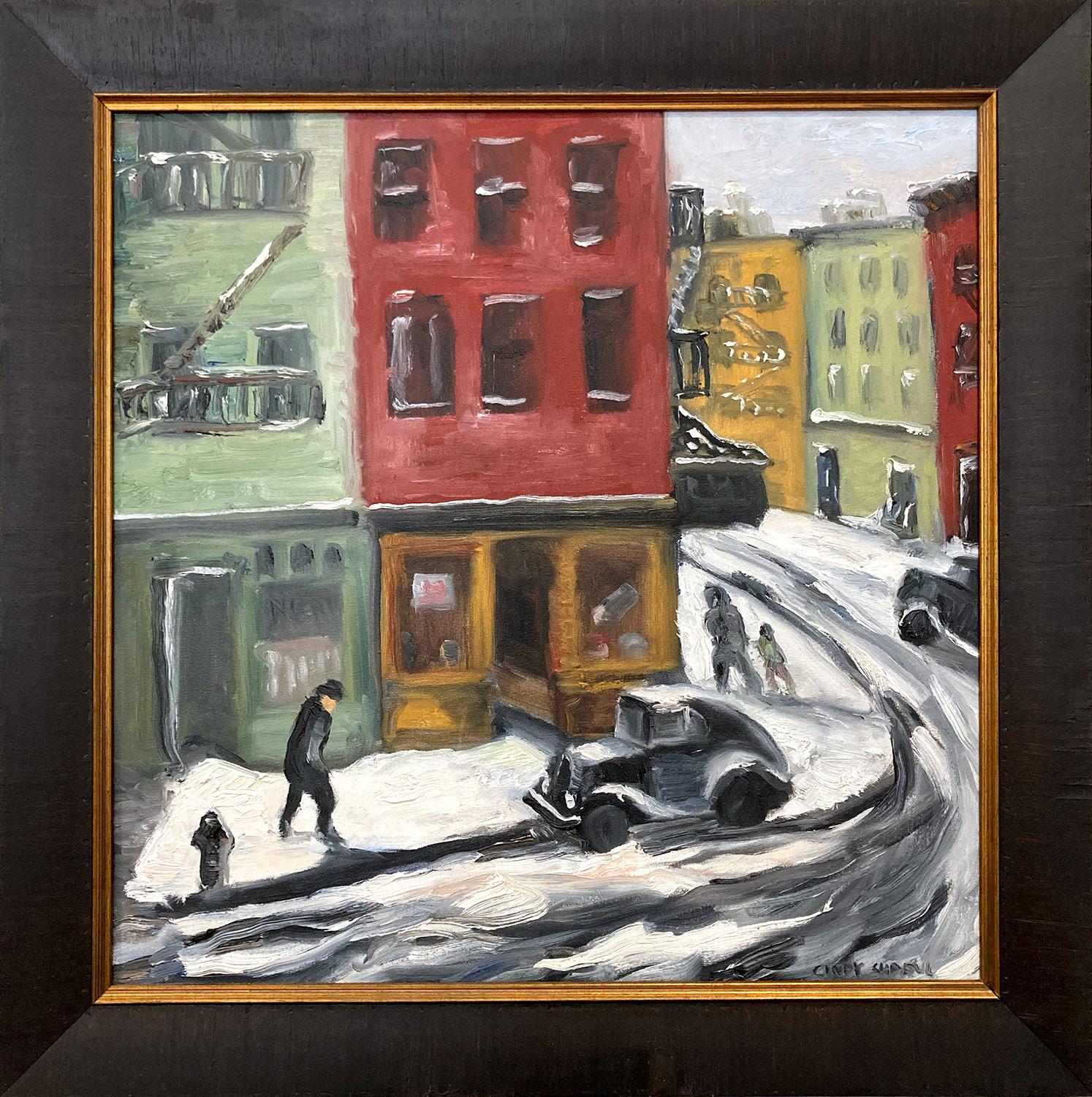 Cindy Shaoul Figurative Painting - "Tavern Snow, West Village" Impressionistic Oil Painting in New York City 1920s