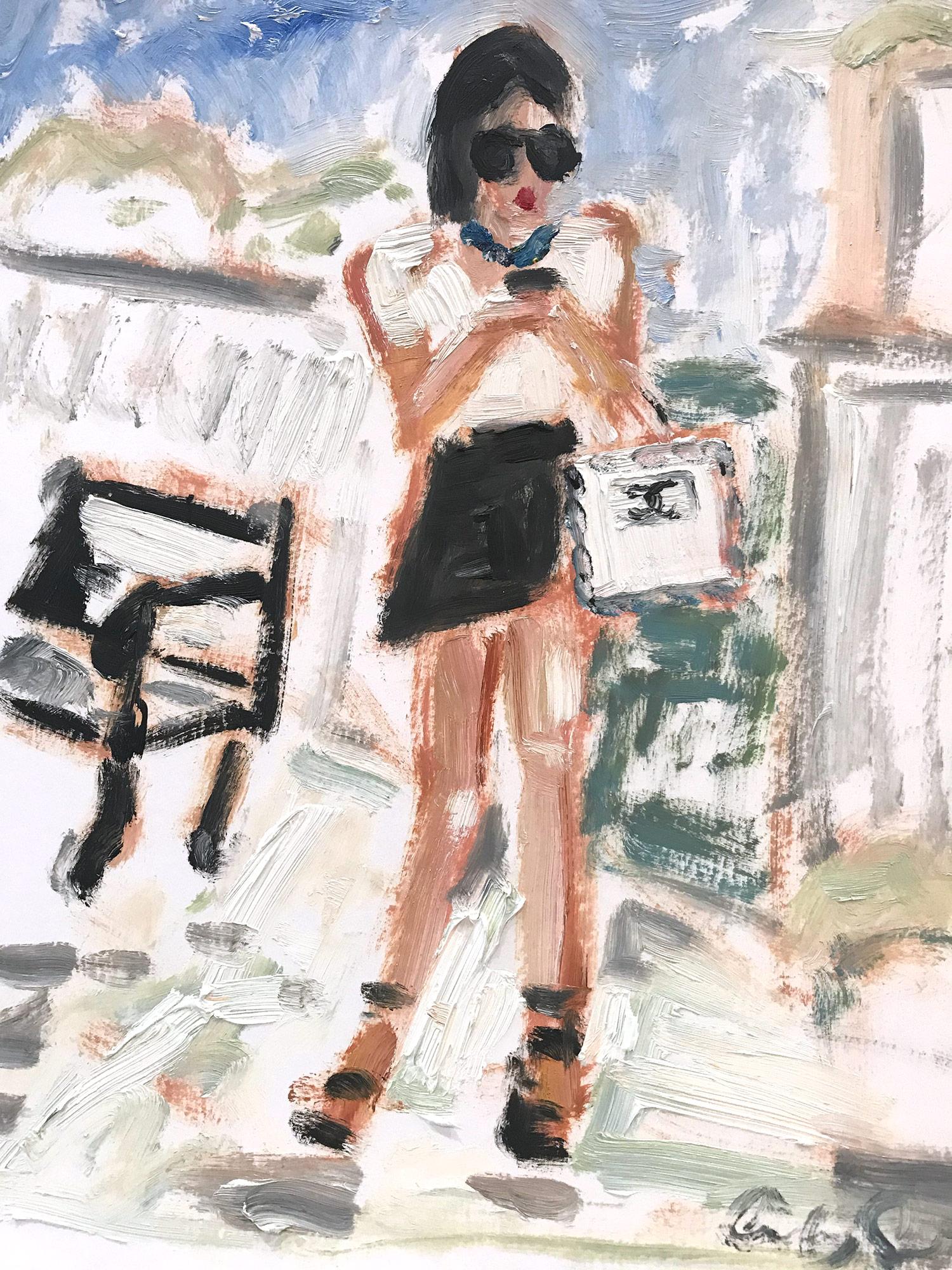 Cindy Shaoul Figurative Painting - "Texting" Figure Exterior Scene of Figure Chanel Oil Painting on Paper