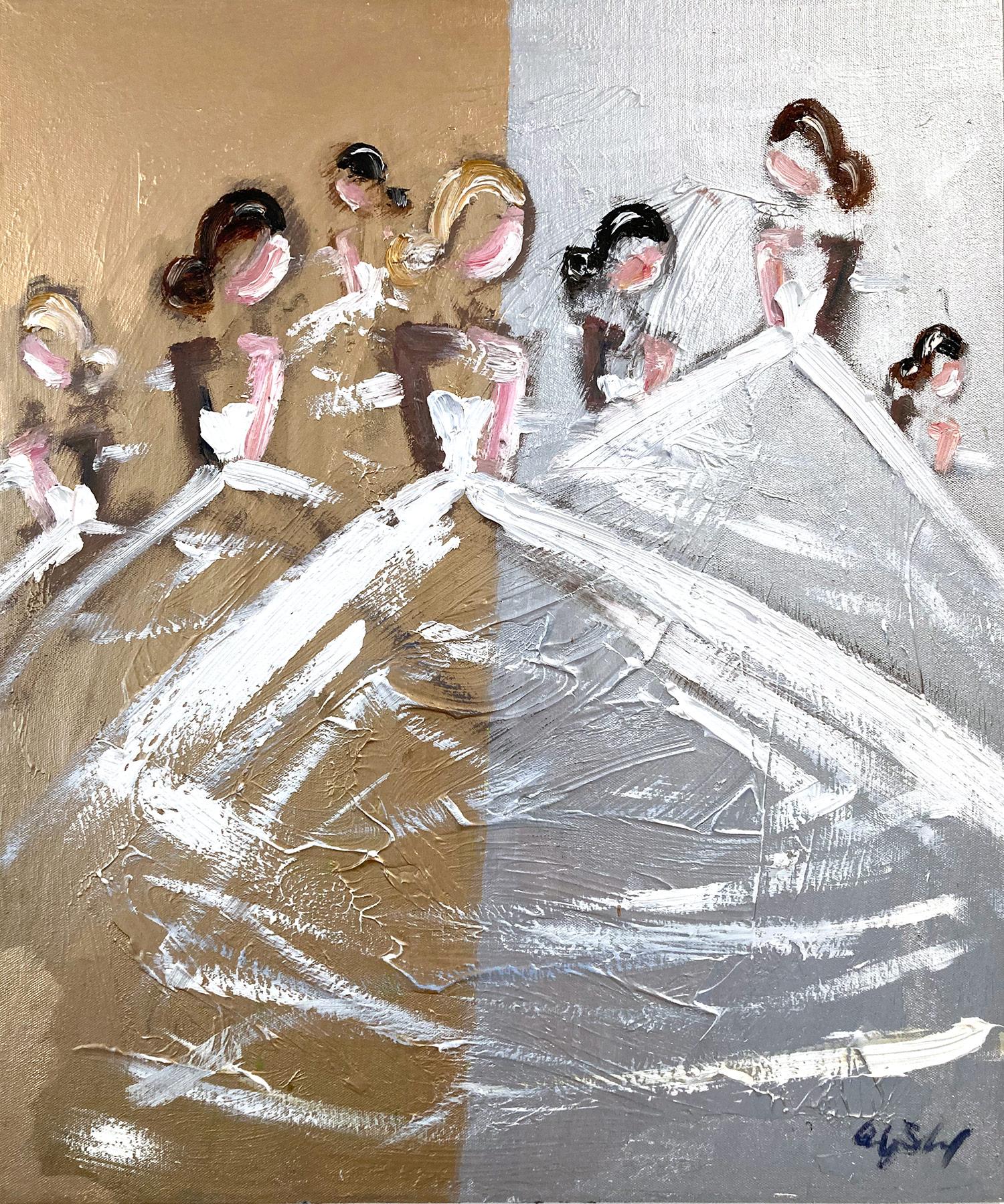 Cindy Shaoul Abstract Painting - "The Ballerinas" Abstract Figures with Gowns French Oil Painting on Canvas