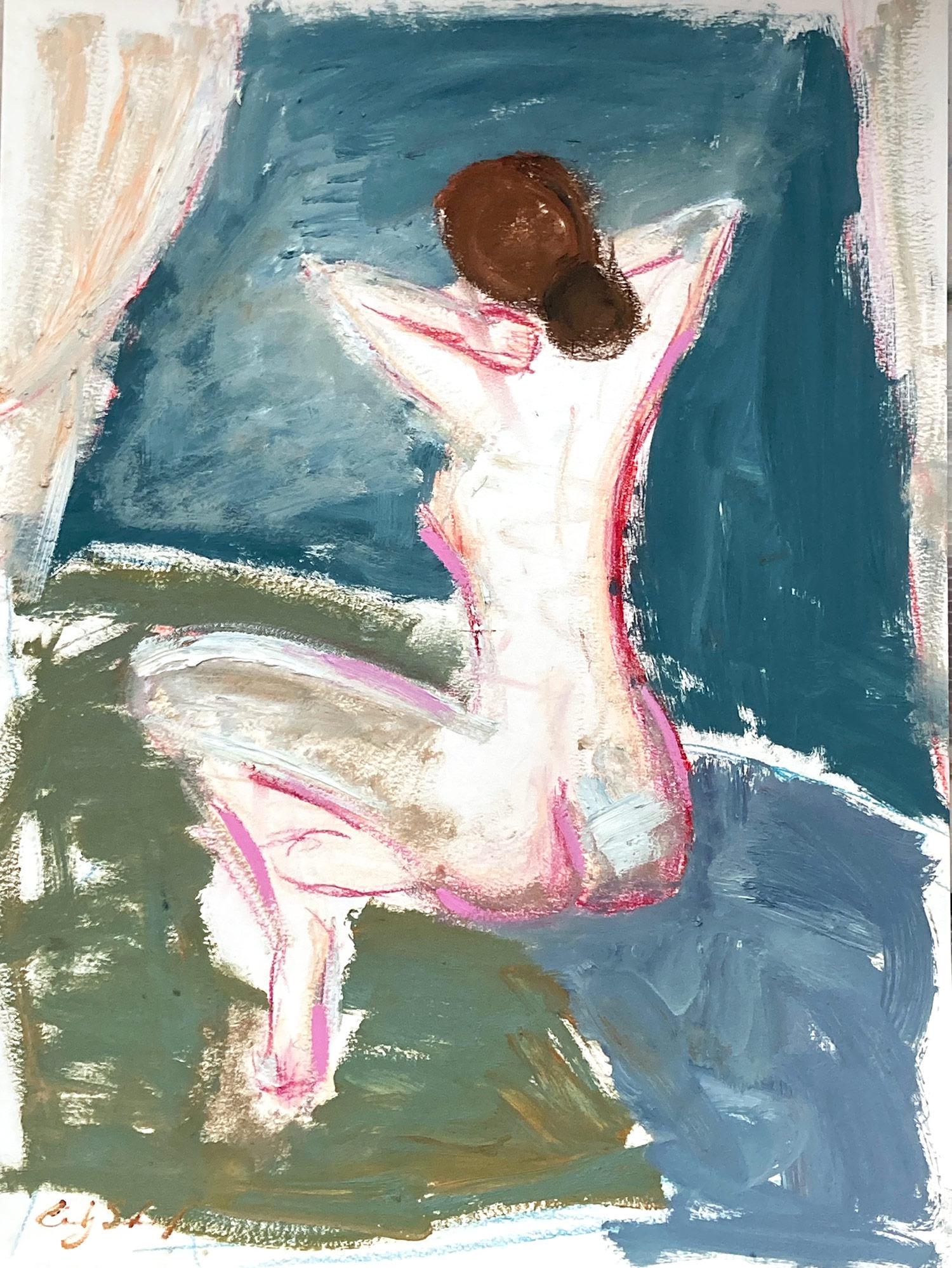 Figurative Painting de Cindy Shaoul - "La bañista" Mujer abstracta moderna al estilo de Modigliani Pintura al óleo sobre papel