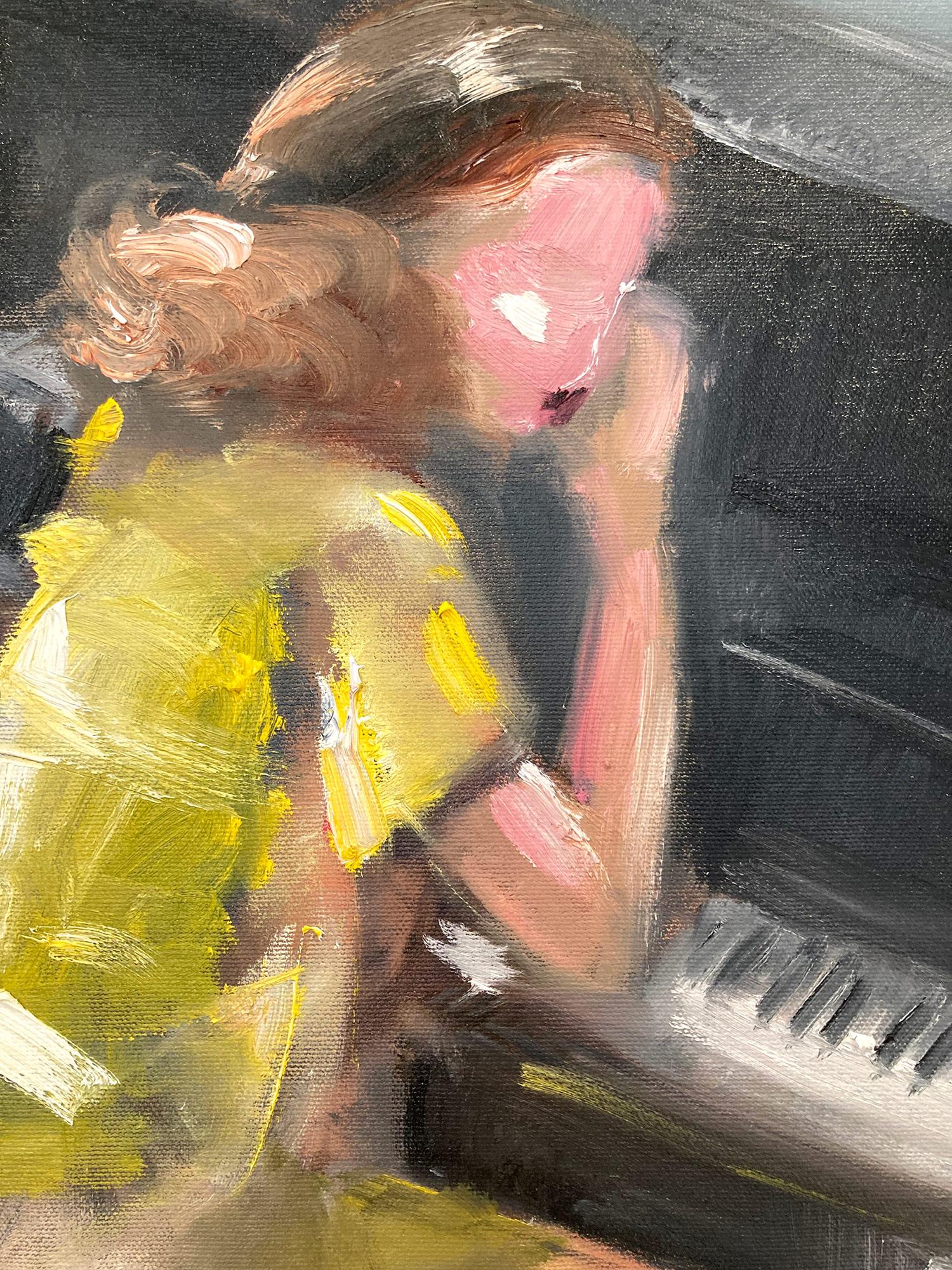 A whimsical depiction of a woman in a yellow dress leaning on a beautiful black baby grand piano in thought. This piece captures the essence of fashion and Haute Couture effortlessly. Done in a very modern and impressionistic style, the colors are