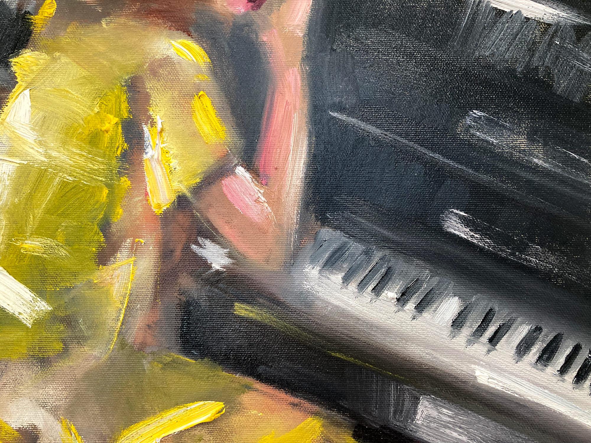 A whimsical depiction of a woman in a yellow dress leaning on a beautiful black baby grand piano in thought. This piece captures the essence of fashion and Haute Couture effortlessly. Done in a very modern and impressionistic style, the colors are