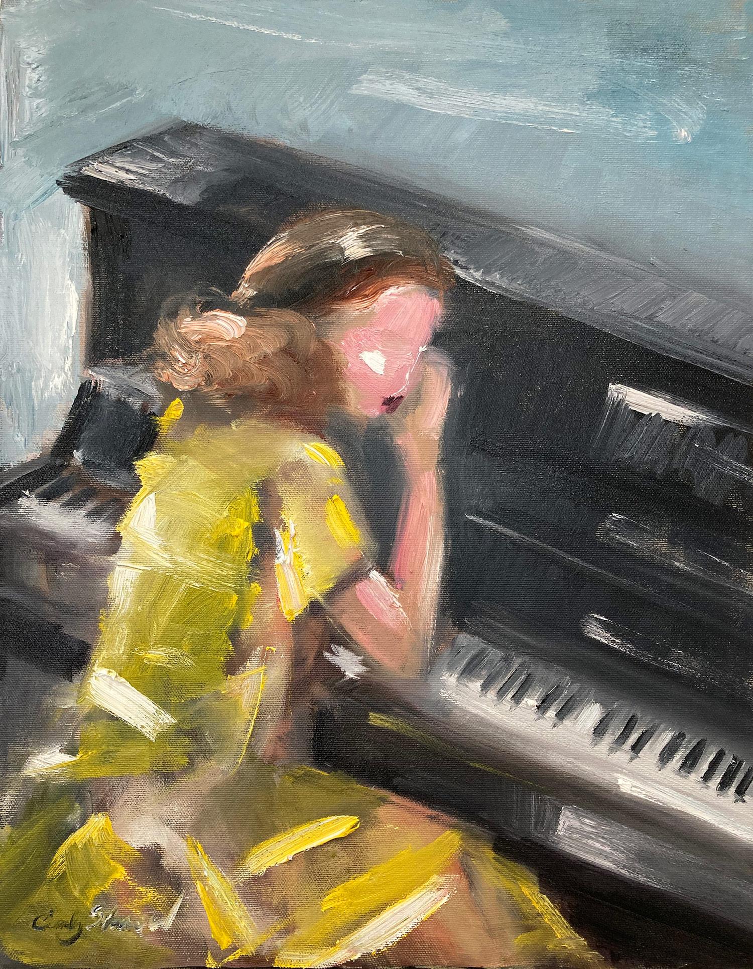 Cindy Shaoul Figurative Painting - "The Break" Haute Couture Impressionistic Oil Painting Figure & Baby Grand Piano