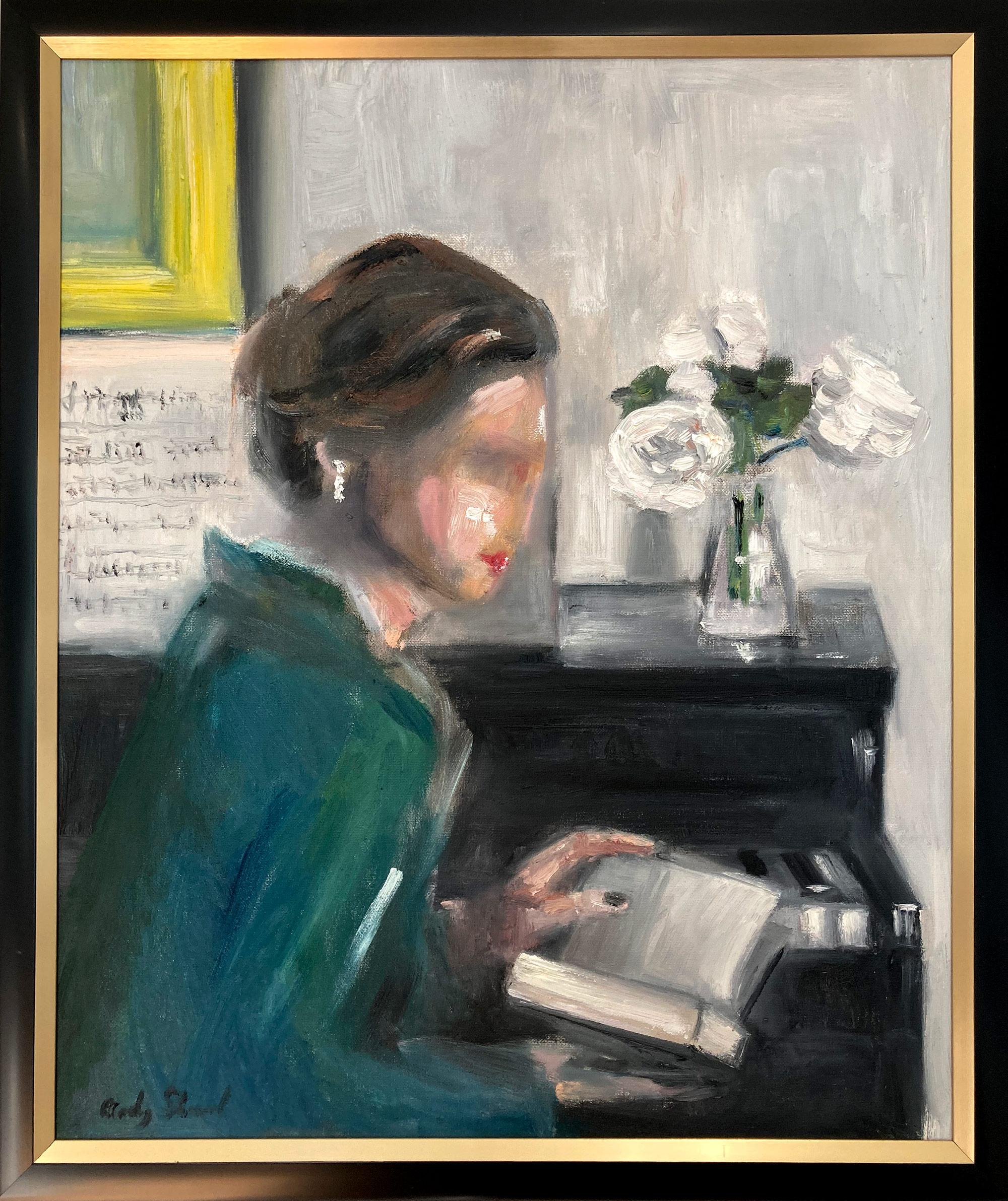 Interior Painting di Cindy Shaoul - "The Break": dipinto a olio in stile impressionista di alta moda raffigurante una figura e un pianoforte a mezza coda