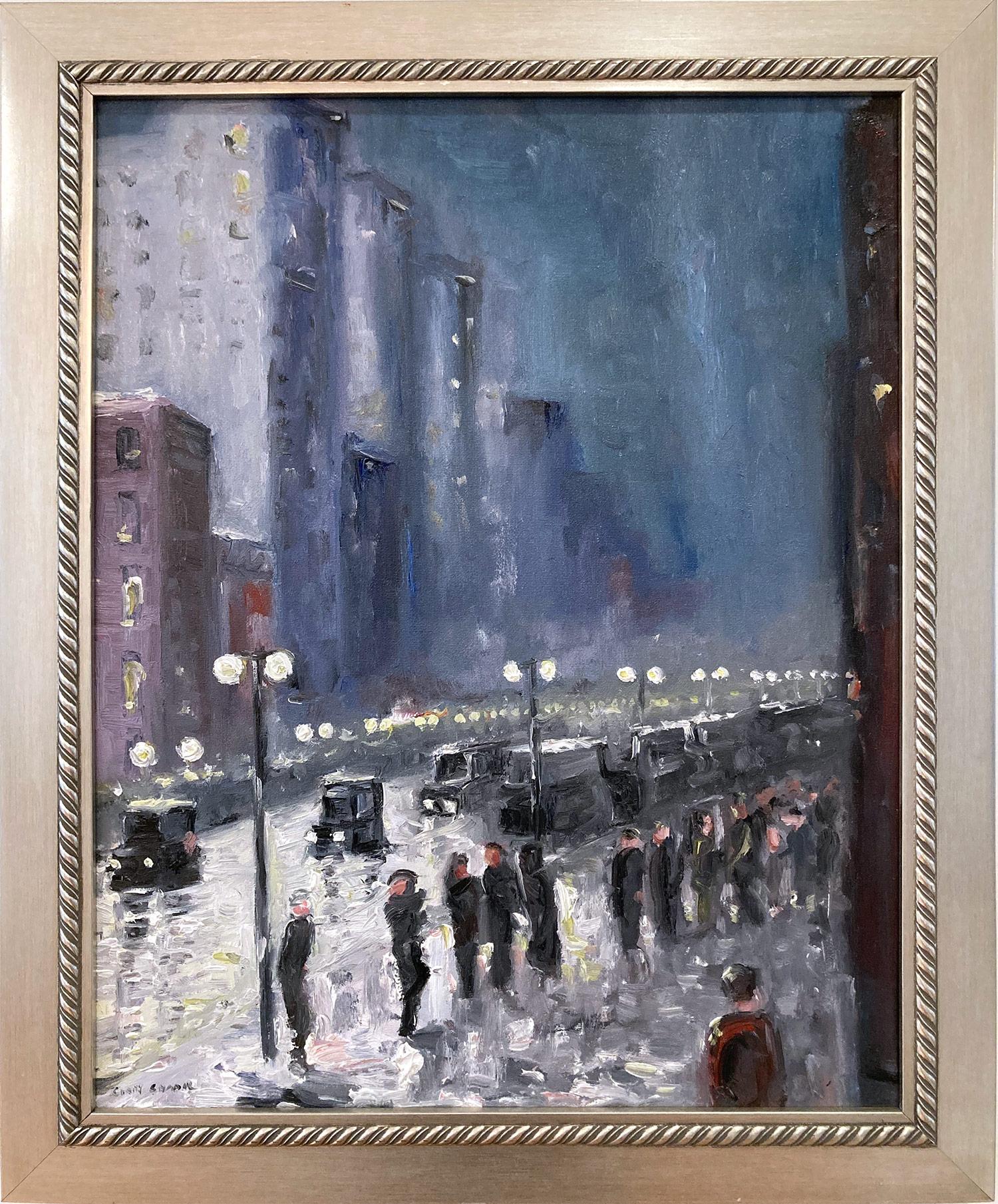 Cindy Shaoul Landscape Painting - "The City At Night" Impressionist Nocturnal Street Scene Oil Painting on Canvas