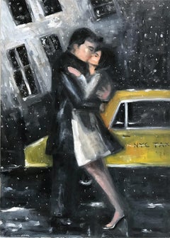 "The Kiss" Figures in the Snow by NYC Taxi in NYC Oil Painting on Canvas