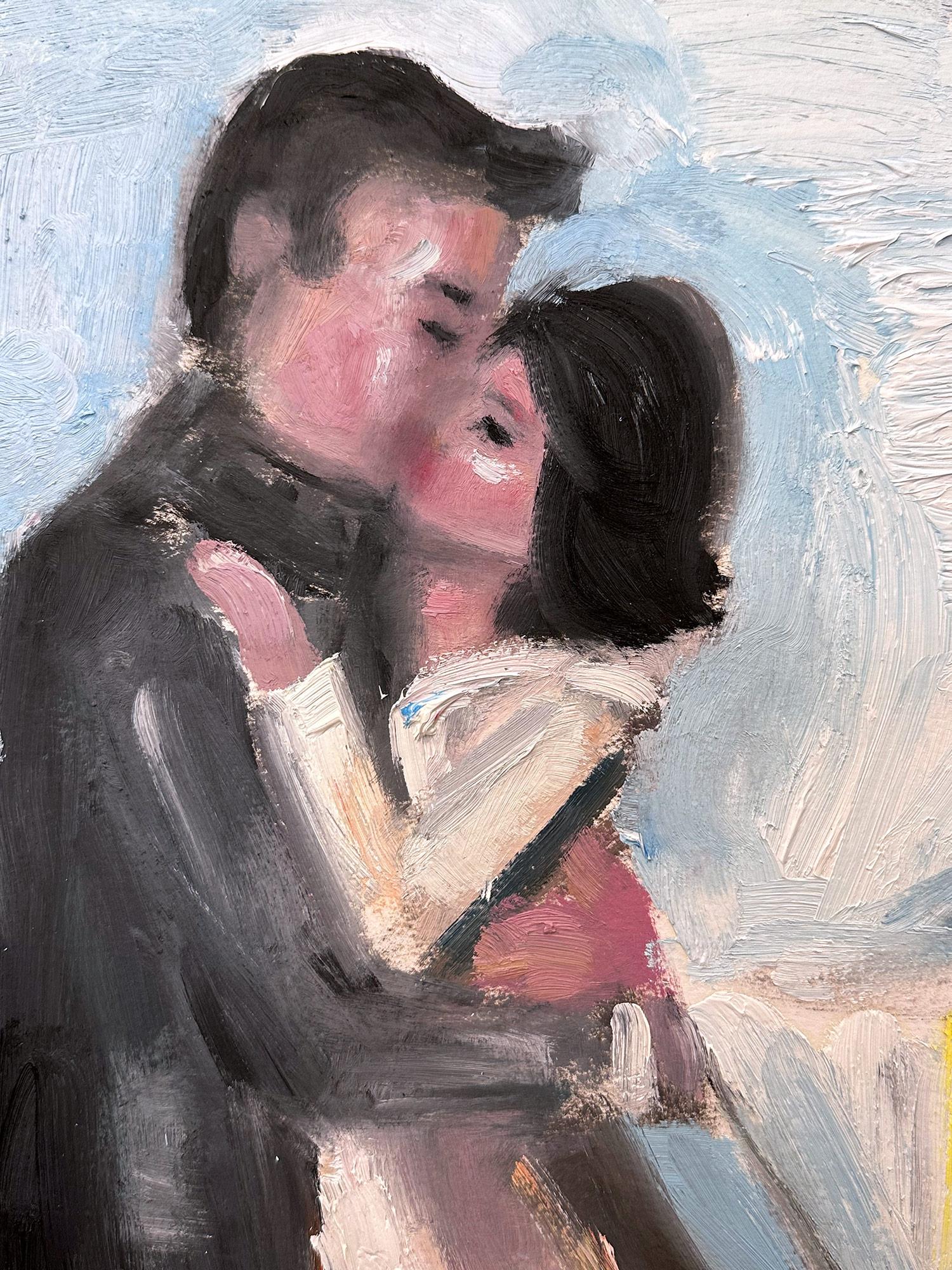 „Der Kuss – in Paris“ Figuren, Kissen in Paris mit Pudel, Ölgemälde auf Papier – Painting von Cindy Shaoul