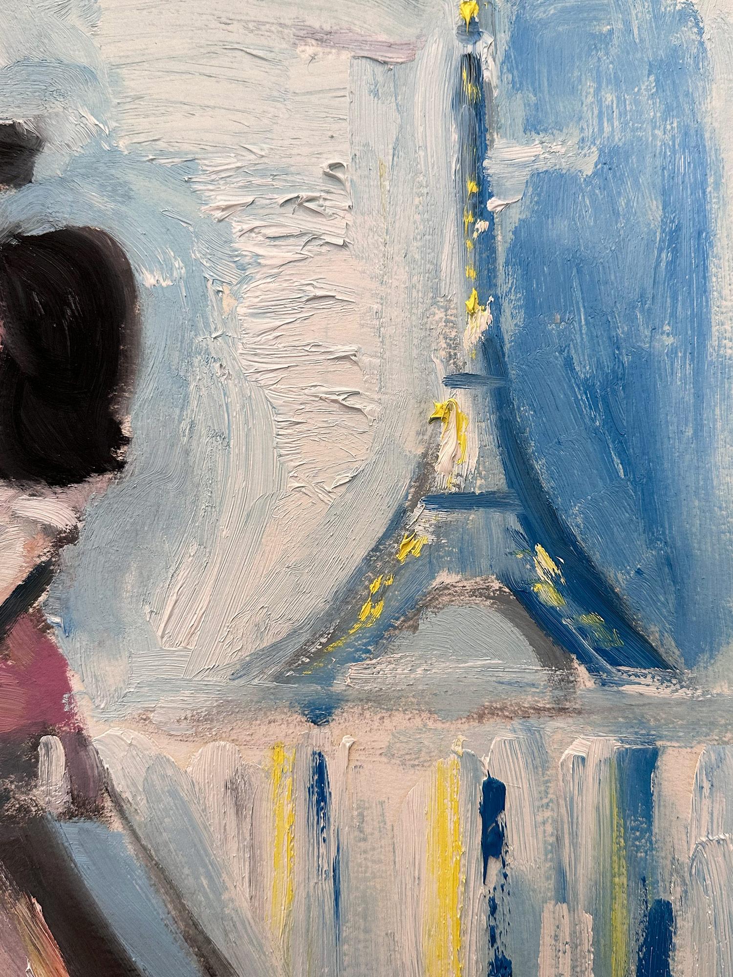 „Der Kuss – in Paris“ Figuren, Kissen in Paris mit Pudel, Ölgemälde auf Papier (Amerikanischer Impressionismus), Painting, von Cindy Shaoul