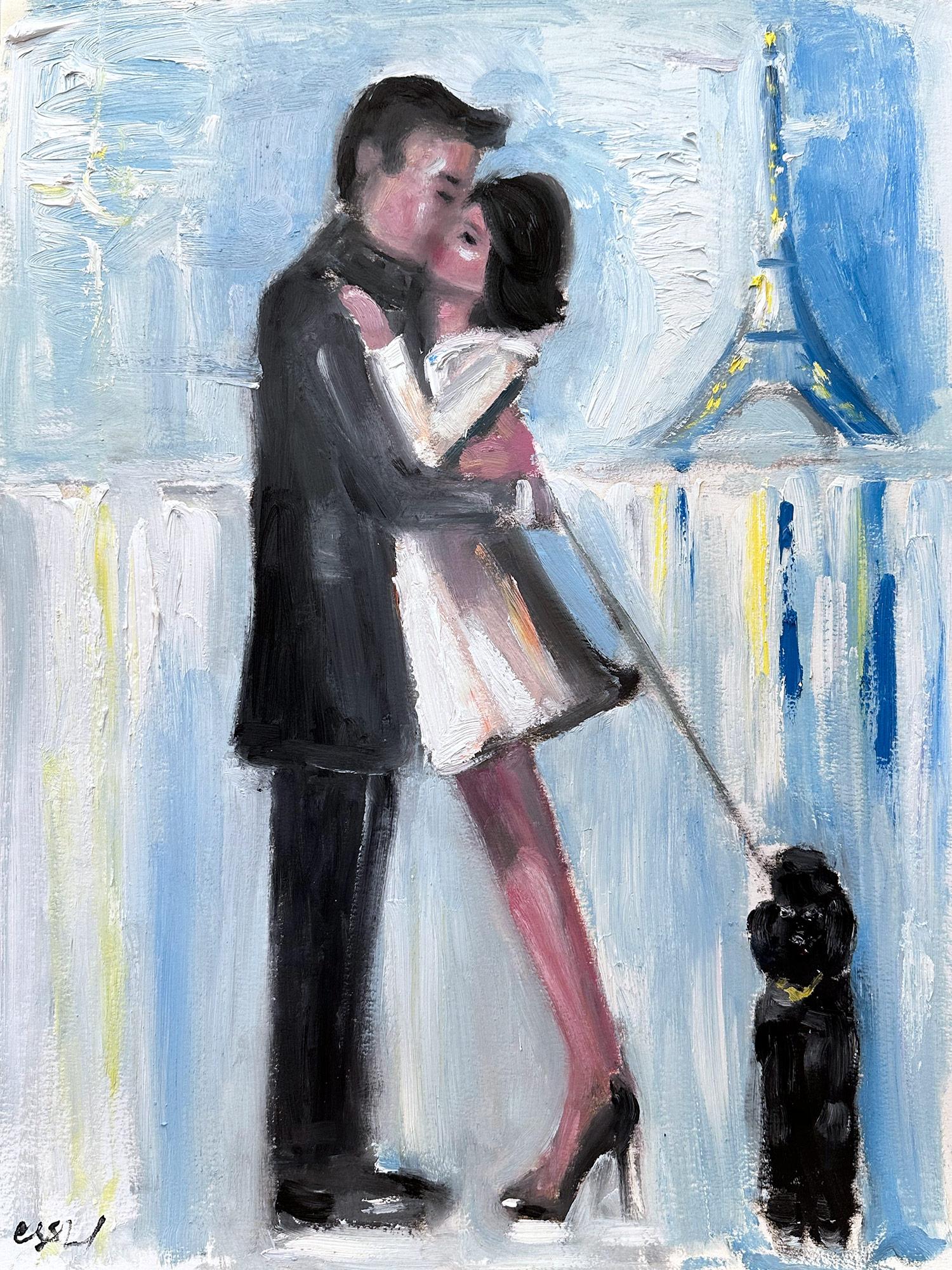 Cindy Shaoul Abstract Painting - "The Kiss - In Paris" Figures Kissing in Paris with Poodle Oil Painting on Paper