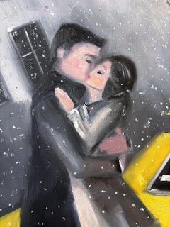 "The Kiss -NYC-" Figures in the Snow by New York Taxi Oil Painting on Canvas