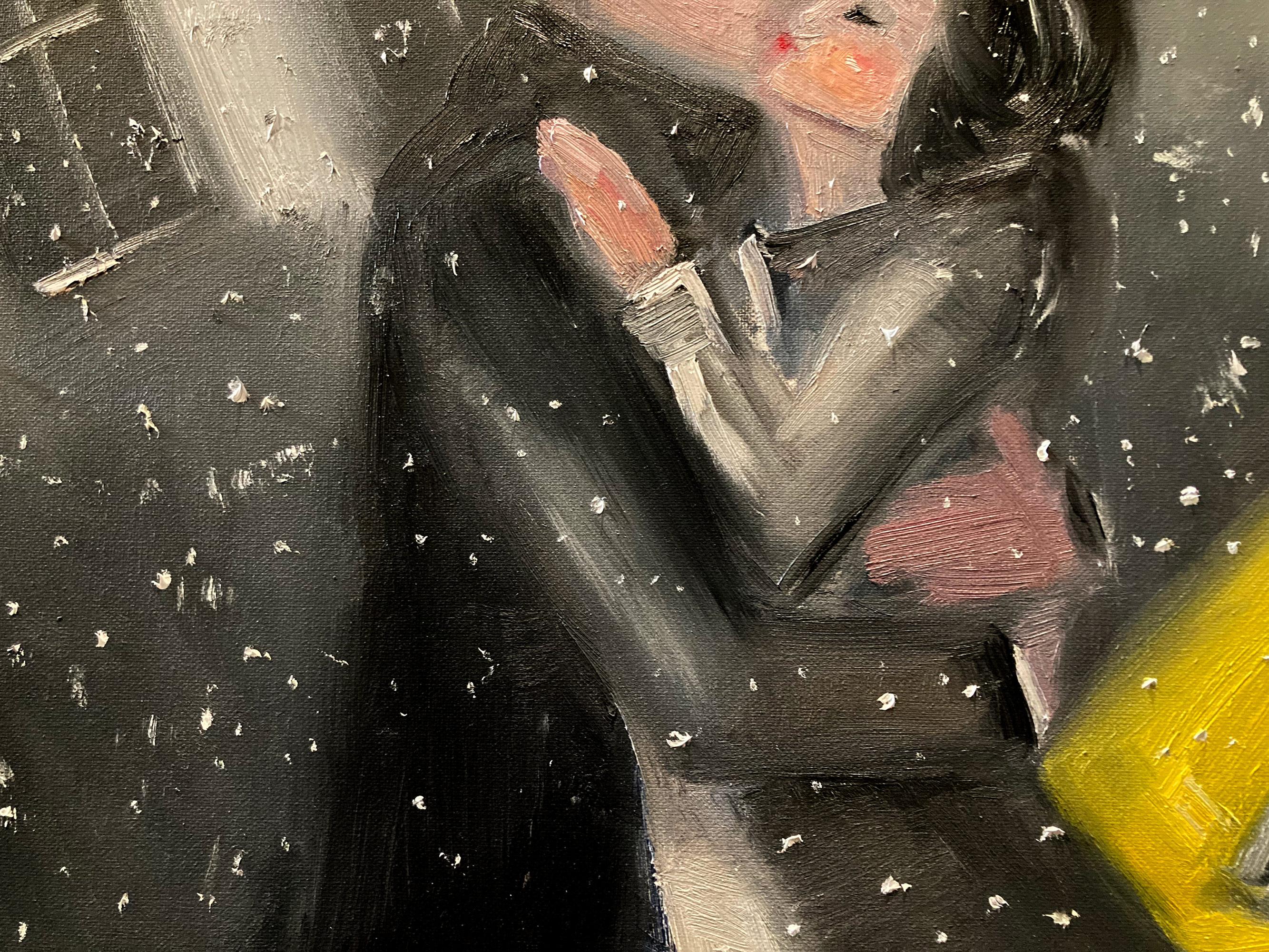 A lively, impressionistic depiction of a couple embracing a Kiss in the snowy streets of New York City. We are whisked away in this romantic scene with the emotion and dynamic composition of this painting, as the NYC taxi creates movement
