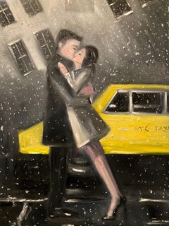 "The Kiss -NYC-" Figures in the Snow by New York Taxi Oil Painting on Canvas