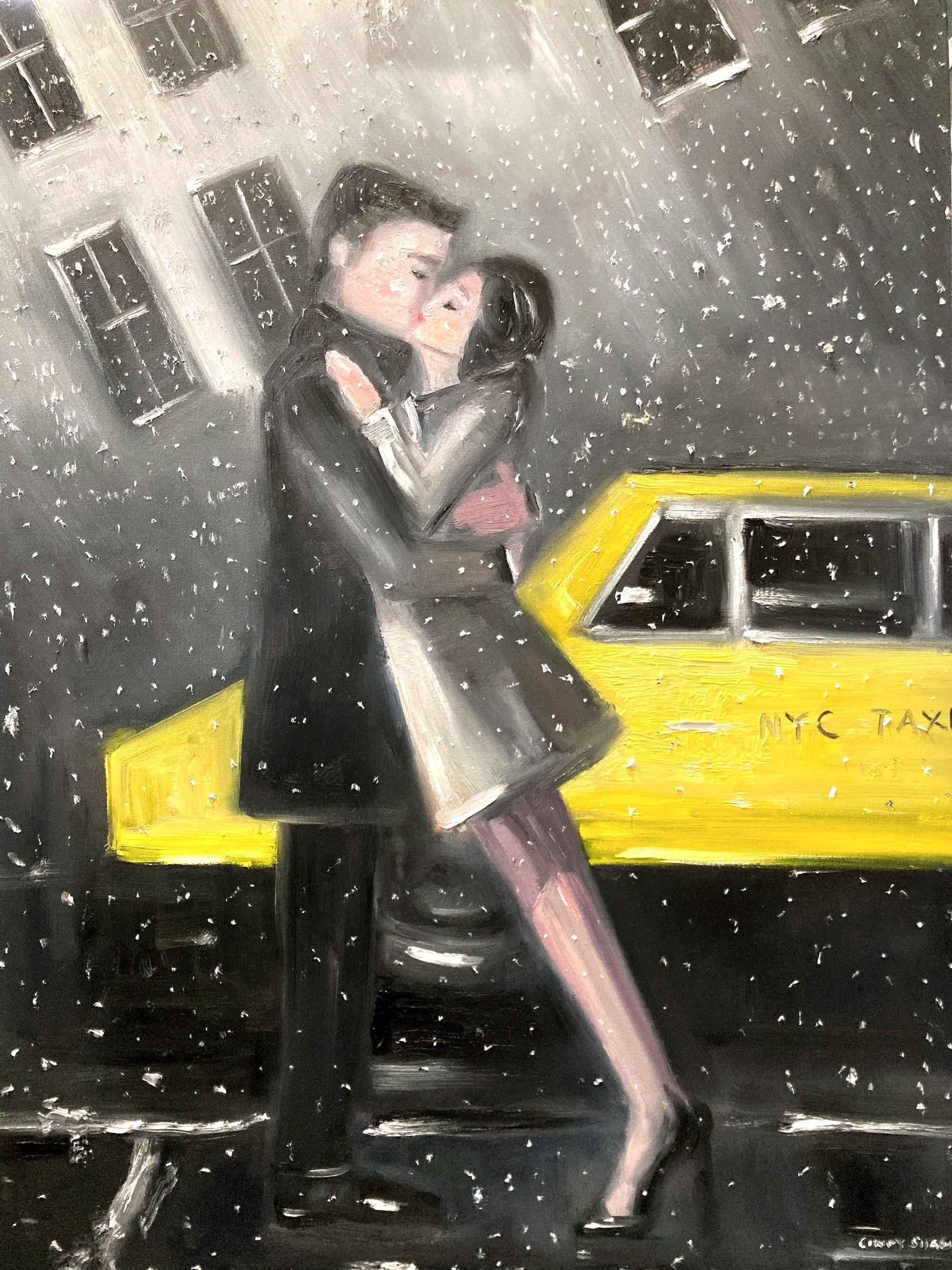 "The Kiss -NYC-" Figuren im Schnee von New York Taxi Ölgemälde auf Leinwand