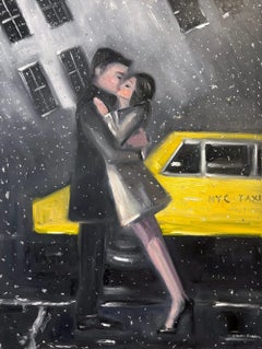 "The Kiss -NYC-" Figures in the Snow by New York Taxi Oil Painting on Canvas