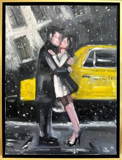 "The Kiss -NYC-" Figures in the Snow by NYC Taxi Oil Painting on Canvas Framed