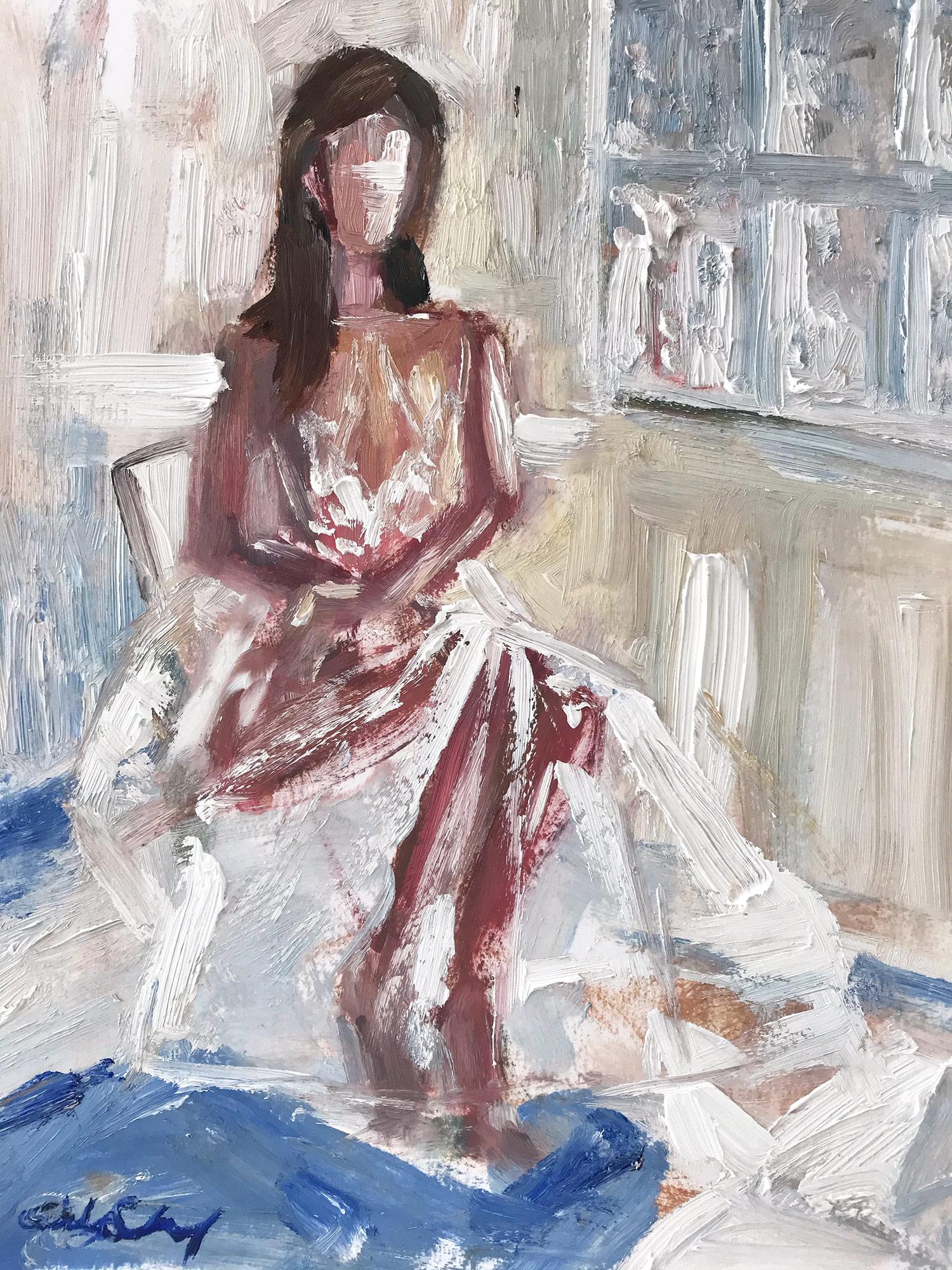 Cindy Shaoul Figurative Painting - "The Seated Butterfly" Figure Interior Scene in Chanel Oil Painting on Paper