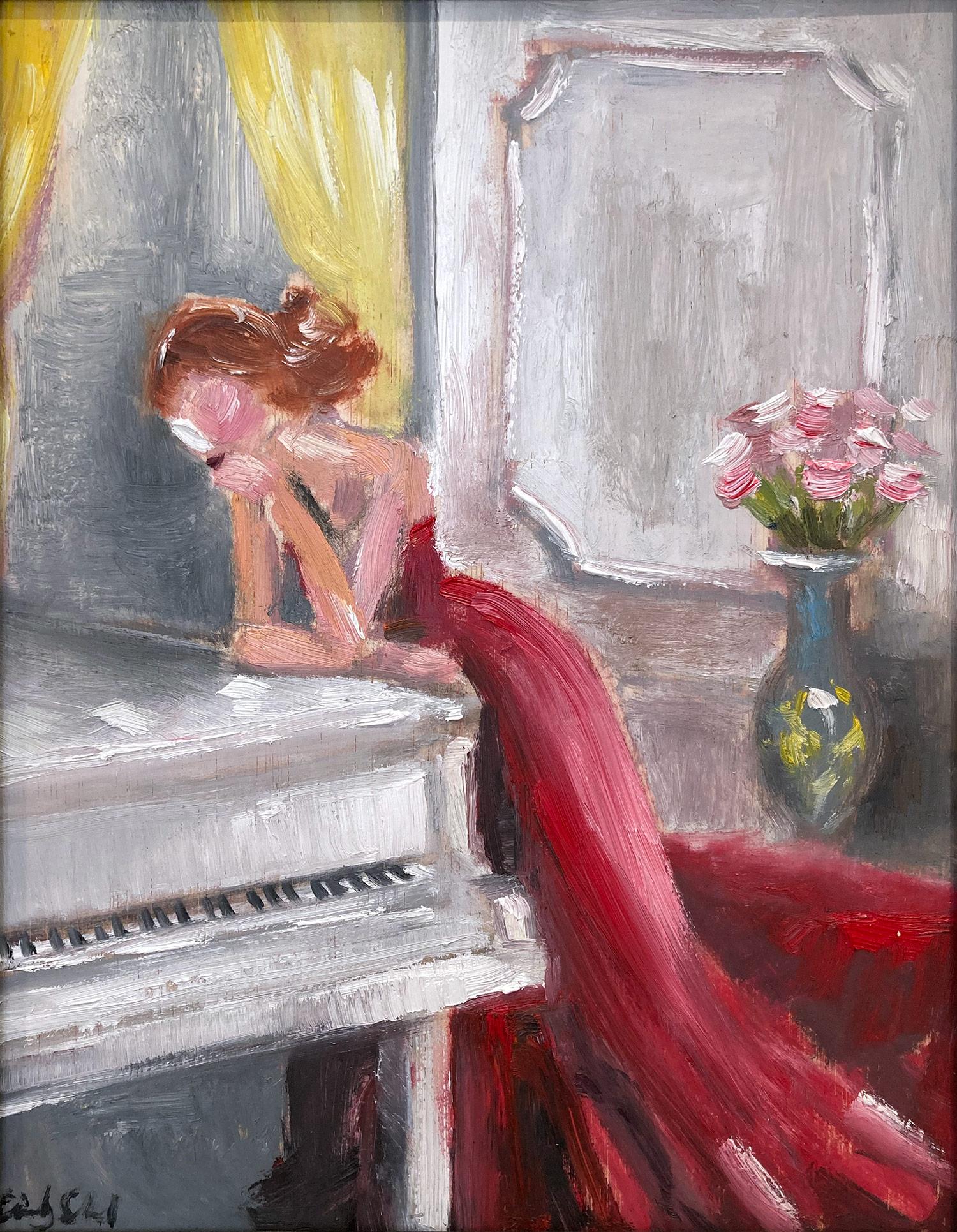 woman in red dress playing piano painting