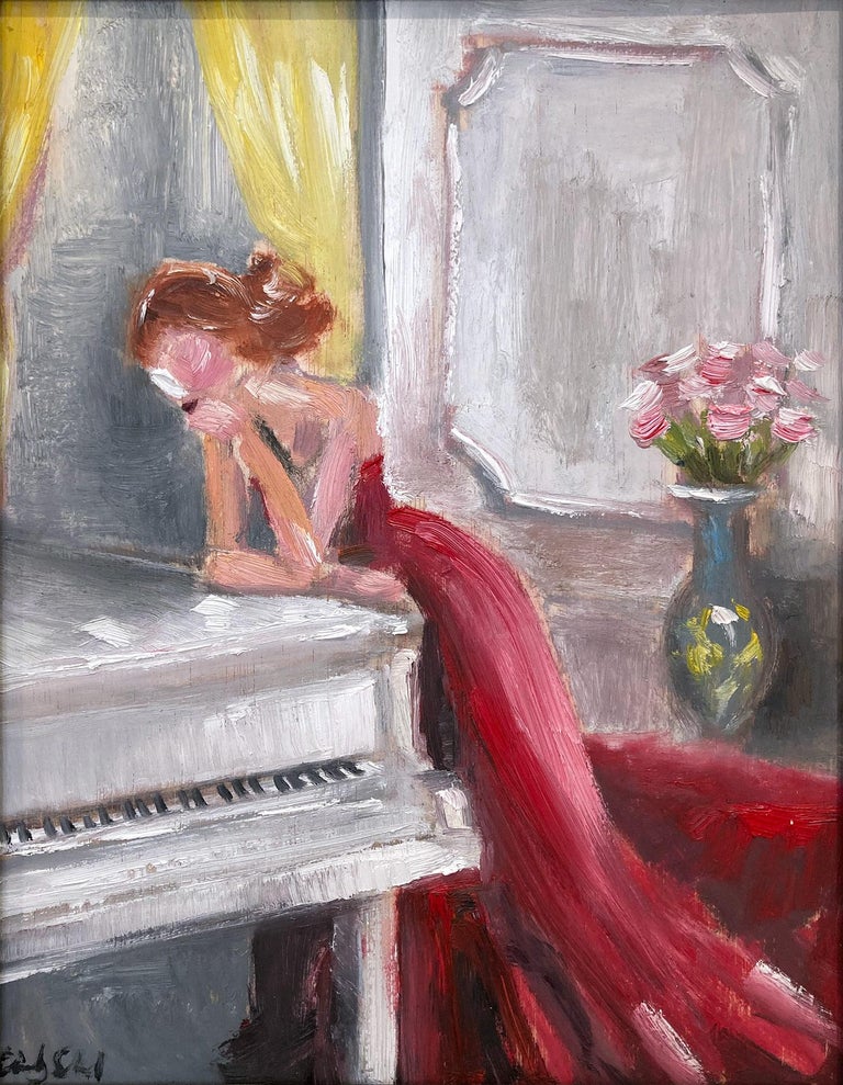 Cindy Shaoul - "Thinking of Her Next Song " Haute Couture and Piano  Impressionistic Oil Painting For Sale at 1stDibs | lady in red dress  playing piano painting, painting of woman playing