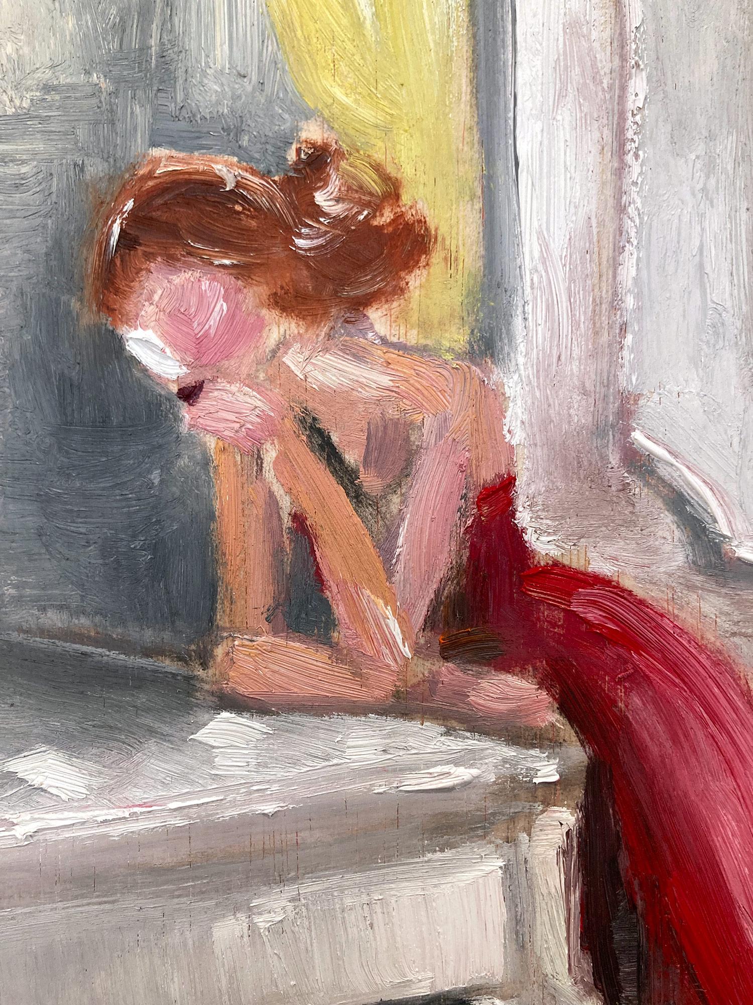 lady in red dress playing piano painting