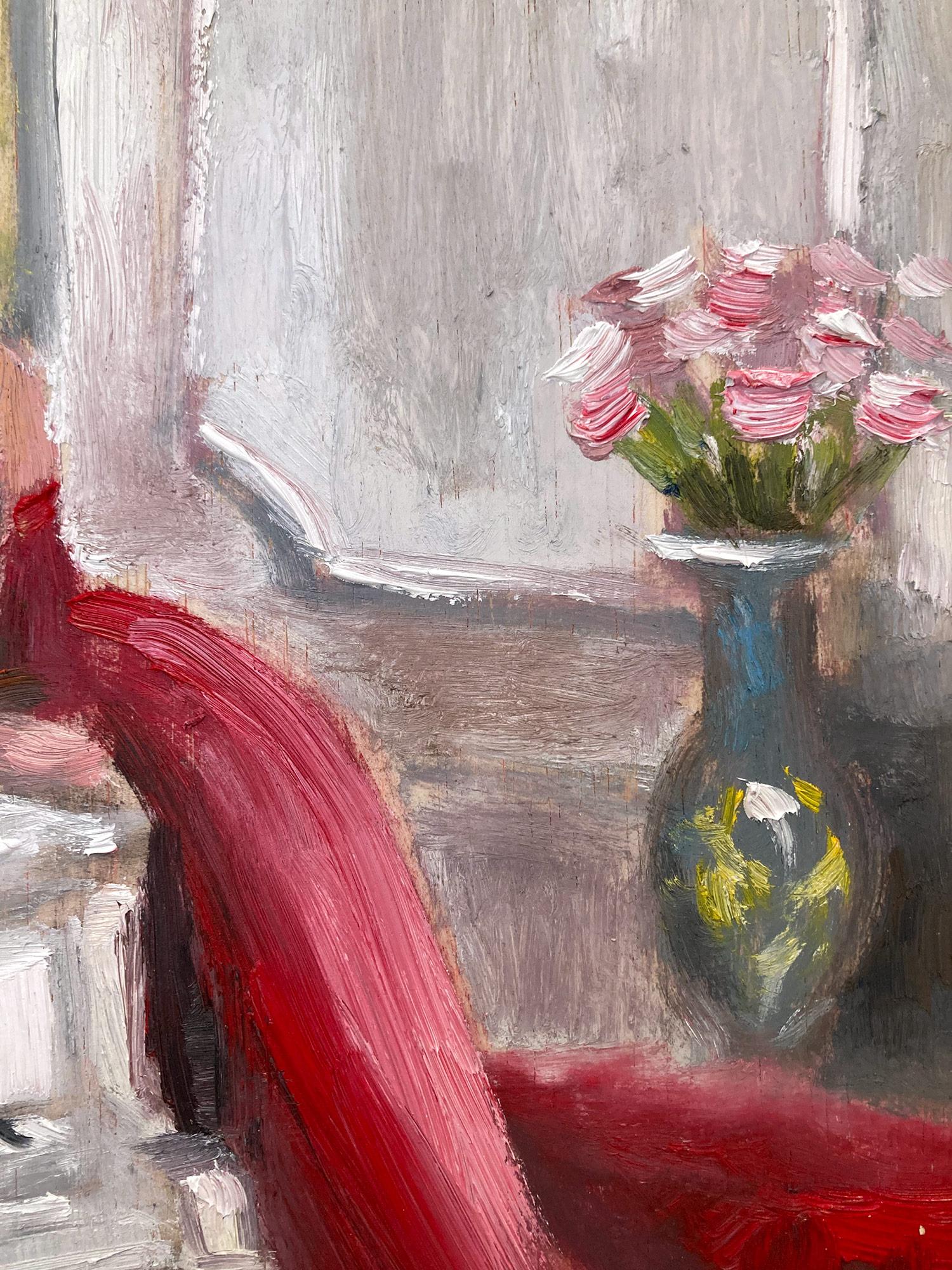 Una representación muy caprichosa de una mujer con vestido rojo apoyada en un hermoso piano blanco, pensativa. Esta pieza captura la esencia de la moda y la Alta Costura sin esfuerzo. Realizado en un estilo muy moderno e impresionista, los colores